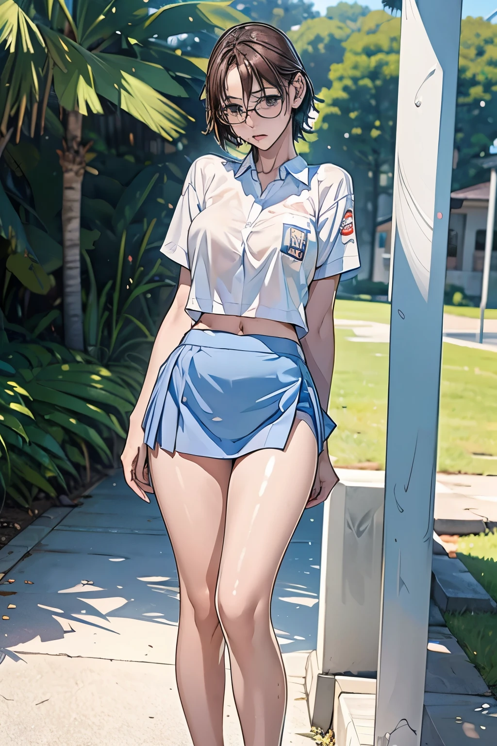 18 years old girl, (((at park))), (transparent white shirt), (mini skirt:1.6), (pastel blue skirt), RAW photo, (photorealistic:1.37, realistic), highly detailed CG unified 8K wallpapers, 1girl, ((slender body:1)), (small breasts:1.3), looking at viewer, ((straight from front)), (HQ skin:1.2), (clean skin:1.2), 8k uhd, dslr, soft lighting, high quality, film grain, Fujifilm XT3, (full body:0.8) , tokyolagii , (bold glasses), full body in, perfect body, two legs, long legs, naval, (wide waist:1.2), (big tigh:1.3), crop top, oversized, (cleavage:0.7), sad, blushing