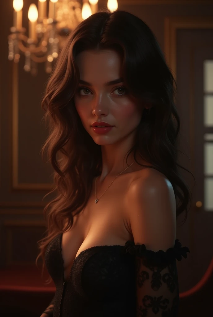 A stunningly realistic dark fantasy portrait of a tall, leggy red-haired woman with a chiseled abs, small waist, large emerald green eyes, and plump lips. She stands confidently, her body displayed in all its glory. The background is a mix of dark, brooding colors, with some ethereal elements, creating an atmospheric and mysterious setting. The overall tone of the image is a blend of beauty, power, and darkness., dark fantasy, portrait photography, painting