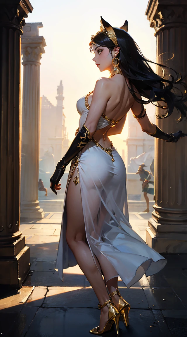 ((aeolian)), 1 girl, beautiful face, green eyes, Princess, small breasts, very long black hair, slim body with long legs, full body view, perfect bare feet, perfect fingers, walking through village, ((wearing red dress and naked)), thighs spread wide, bare groin, night
