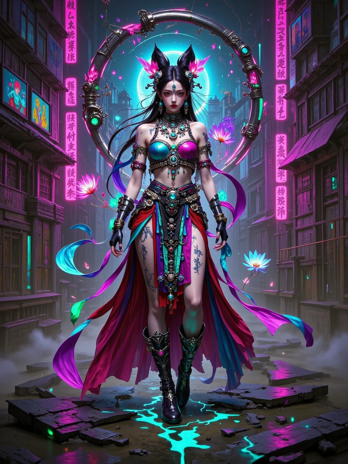 <lora:Mythology_Medusa:0.7> <lora:hairstyle-long_braid:0.7> <lora:epi_noiseoffset2:1> <lora:more_details:1> (long hair braid, braided snakes, masterpiece, best quality, high quality, intricate, award winning) In a neon-lit cyberpunk city, on a rainsoaked street, Medusa is an icon of futuristic fashion, blending bioengineered fabrics and holographic iridescent scales, (purple neon, blue neon:1.2), very long hair, reptile eyes, neon purple, neon blue, metropolis, (full moon, cinematic lighting, futuristic background:1.2), cowboy shot