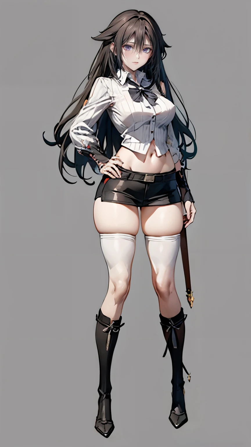  (((full body))), (masterpiece), ((best quality)), big breasts, short twintail, (wide hips:1.4), (thick thighs:1.4), (bloomers), toeless footwear, belt below navel, fanny packs, bags
