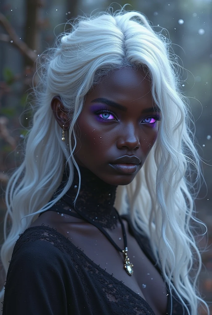 a beautiful black female vampire with a smirk on her face, with black lipstick, (long white hair) nighttime (((1full moon))) great lighting mouth closed, showing pussy