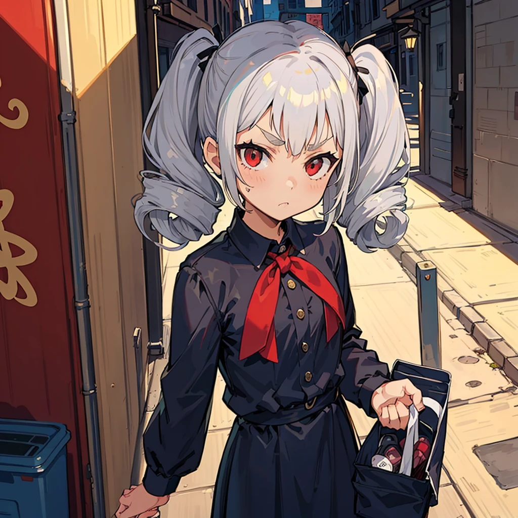 Young girl with grey hair, ((fringed and curly hair)),((curly short twintail)), curly hair ,(red eyes),, ((small bushy eyebrows)), wearing gothic lolita clothing, lolicon , to school, bored eyes, bored face (Zankuro) drawing style by zankuro artist, Zancrow style, image uploaded in R34, walking to school, flirty smile , suddenly having sex in public, ((doggy style sex)), ((public sex )) naked ass in the male crotch, old man , ((being raped by a decrepit old man in a dirty alley, (reverse cowgirl position), (riding a well defined penis entering ir her vagina ) bubbling semen)) ((male pov))