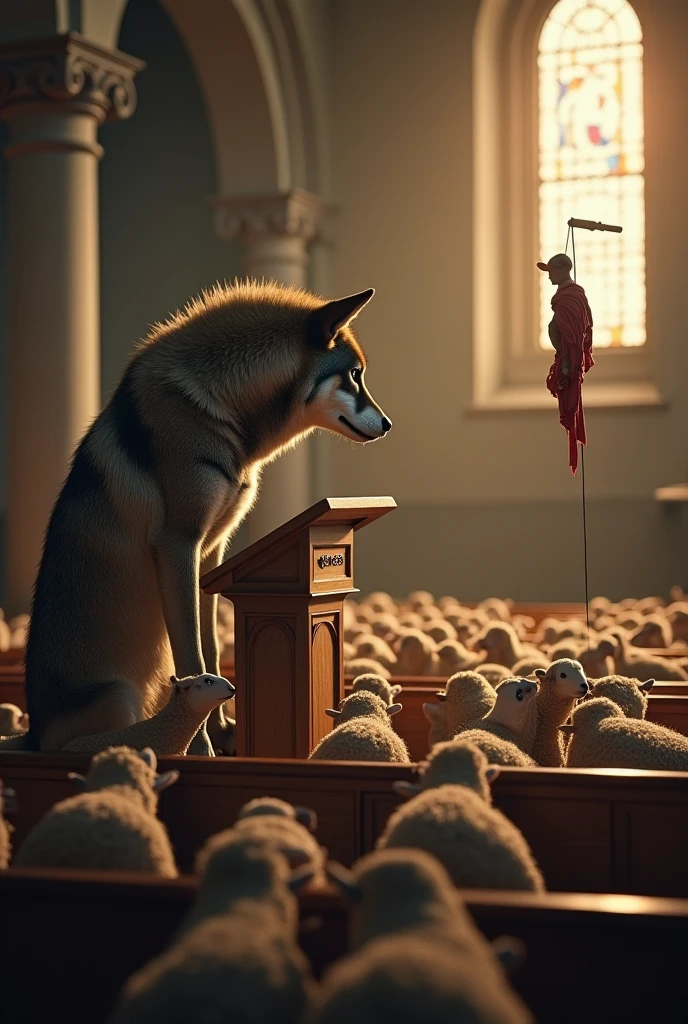 Image of a wolf that is hidden under a pulpit and in its right hand is extended and has a puppet that is seen above the pulpit and is speaking to many sheep that are sitting on the benches of a church