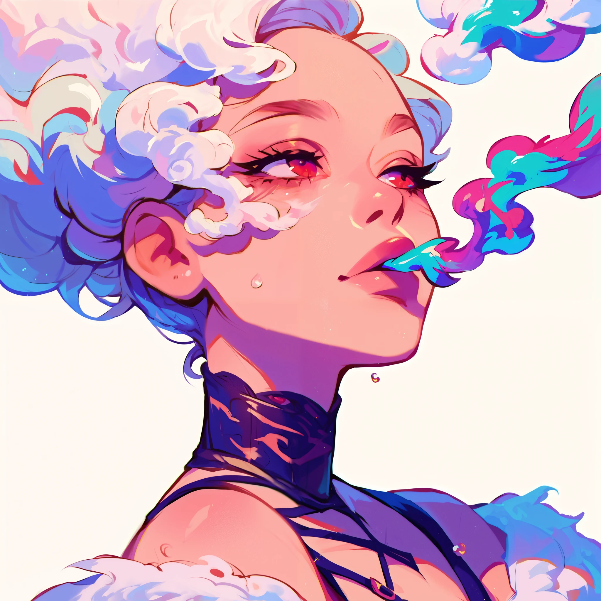 score_9, score_8_up, score_7_up, score_6_up, score_5_up, score_4_up, did vaporwave style, solo, 1girl, female, water, white background, red eyes, simple background, from side, glitching, smoke, in tatters,