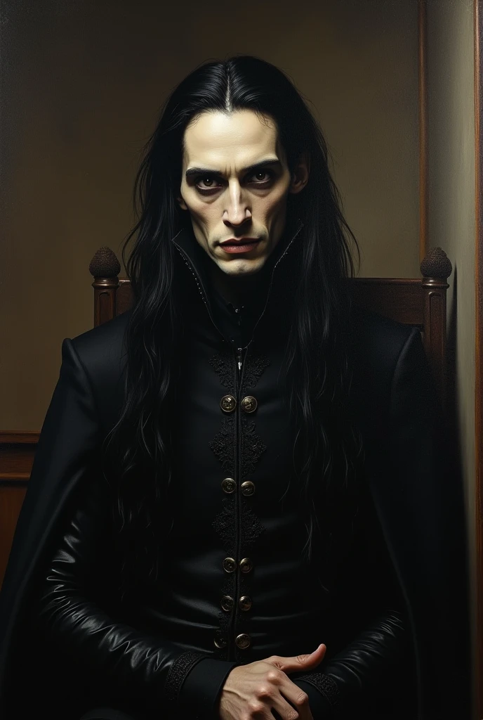 Oil painting of very long haired, very white skinned Adrien Brody face as nosferatu wearing only black XVIII century clothes sitting in a very Dark and modest XVIII century room at night.