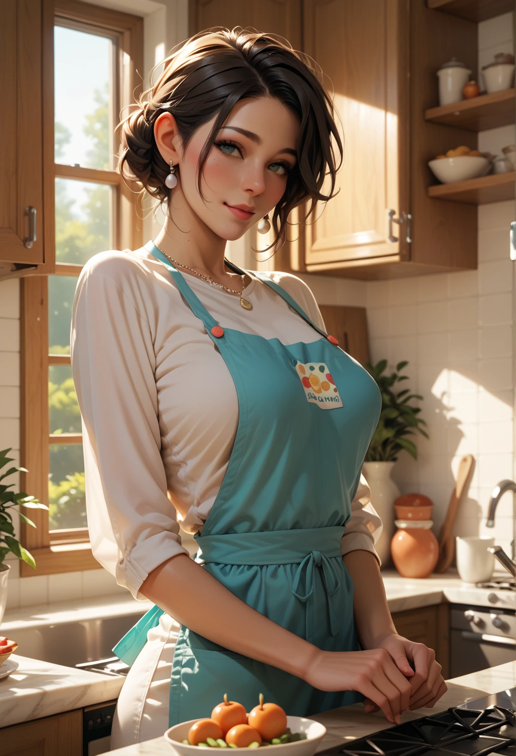 (masterpiece, best quality:1.4), ultra-detailed, finely detailed, intricate details, smooth lighting, a woman working at a cafe, perfect face, detailed face, pink lips, glossy lips, makeup, expressive eyes, green eyes, (black hair, tied hair), (natural breasts, cleavage, underboob, sideboob), (naked, brown apron:1.4), (badge, badges, name tag), smiling, shy,