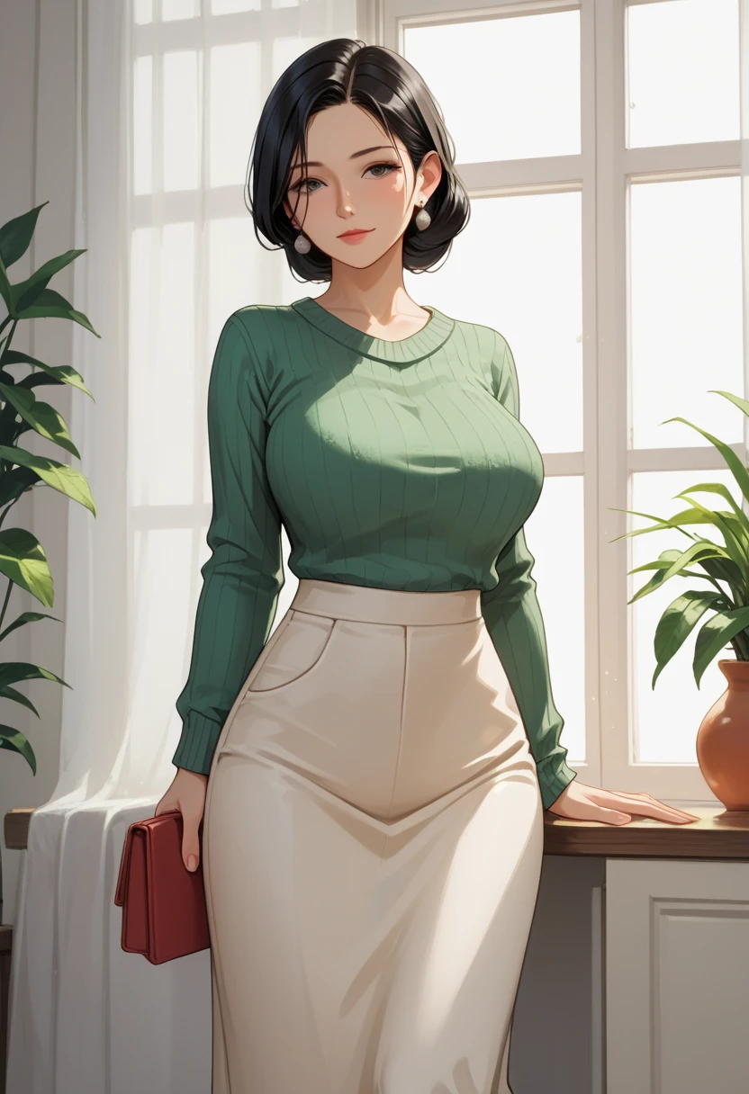Best Quality, Masterpiece, Ultra High Resolution, ultra detailed object, detailed background, (Realisticity: 1.4), Original Photo, detailed face, girl、ponytails、looking at camerea, red blush, sage green sleveless blouse, (off shoulder:1.5), young teacher, healthy body, 2, Super big breasts、perfect-composition、top-quality、ultra-detailliert、​masterpiece、realisitic、Full Body Standing, glasses, books, front class, white board, gold necklece, diamond earrings