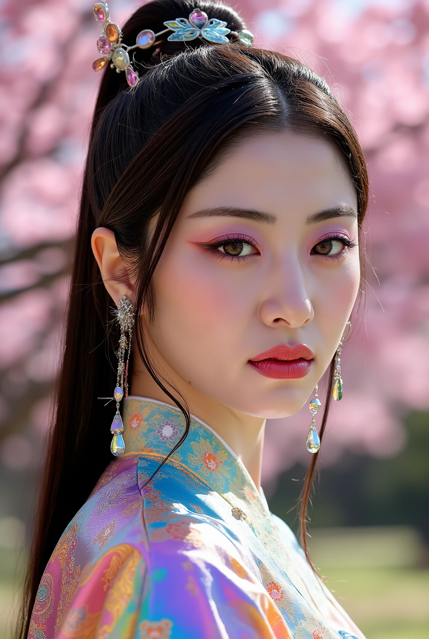 (Full Body), A luminous Korean beauty from ancient dynasties (221 BCE - 220 CE) stands majestically against a outdoor cherry blossom background, her vibrant raibow twotone Wuxia attire radiating an otherworldly aura. David Lachapelle's lens captures the frozen moment of her polished body, Si-fi graphics luminescent attire, and captivating gaze meeting the camera with unflinching intensity. reflected light liquid metal fabric attire, 8K resolution reveals razor-sharp features, high-contrast details, and Traditional Chinese hairstyles, while a subtle sheen on her lips hints at the application of Traditional lipstick, spiritual cosmic to realistic, reflected light Glass hair pin