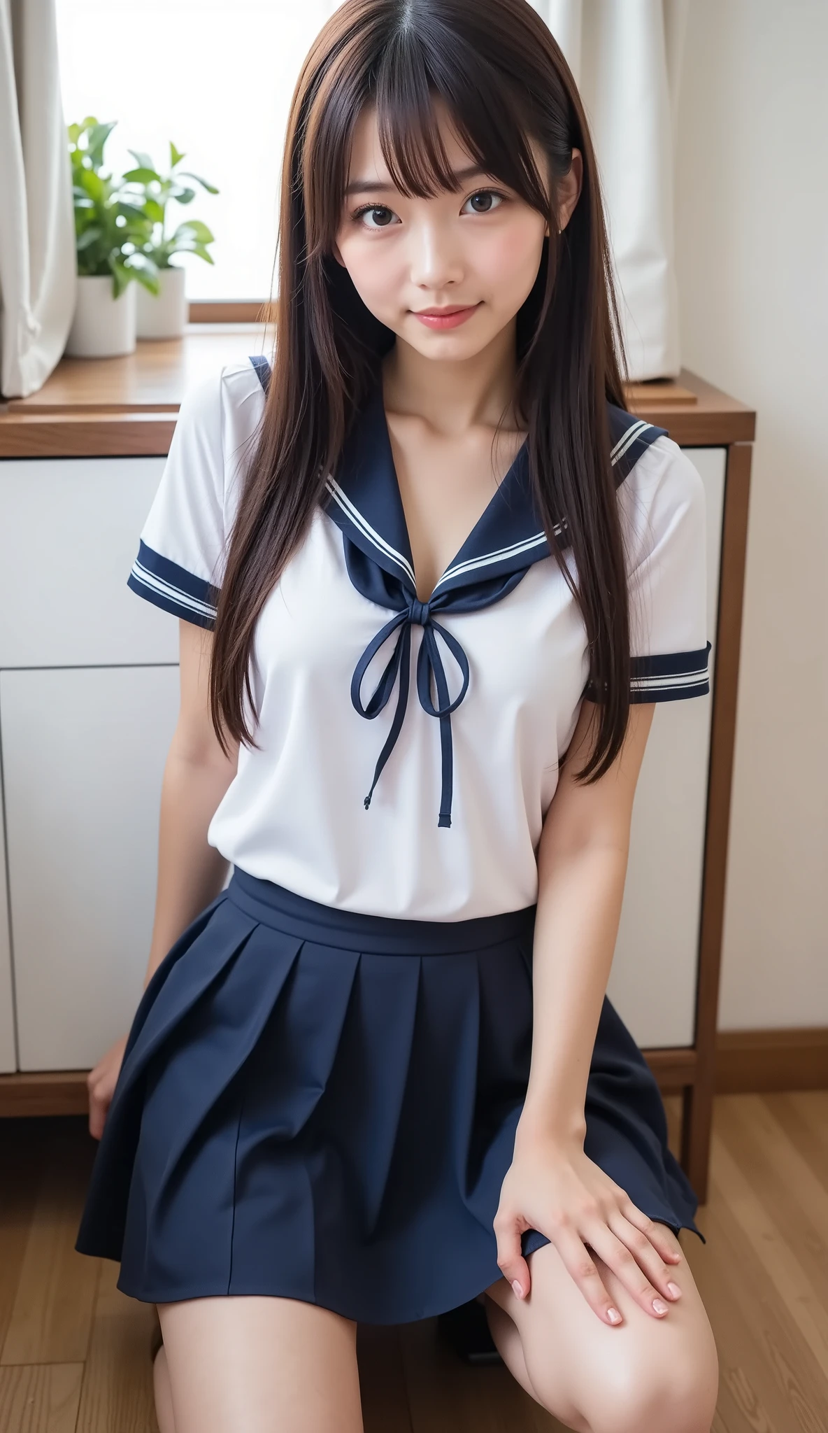 (((nsfw)))、 Japanese、KAWAII、Western-style room , japanese high school uniform, perfect body, double eyelids, sit against the wall, crouching,white pantie, I'm wearing black knee socks , cheap sailor suit, Japanese Language School Uniforms, 、 upskirt、 low angle shot 、( Between the thighs 、 Sisters、HIGH SEXUAL DESIRE 、 longing to have sex )、 young, thin and surprisingly cute gravure idol , twin tails 、 school uniforms、 wearing a dark blue pleated skirt 、 highlight buttocks 、 oily skin 、 navy sailor color 、 ((( The panties are see-through and、)))、 loafers、 Realistic Atmosphere, cute girl,Youngface,, cute 、 too cute small breasts 、 too cute butt、 middle sc transparent panties)))、((the panties are wet、You can see the other side))、