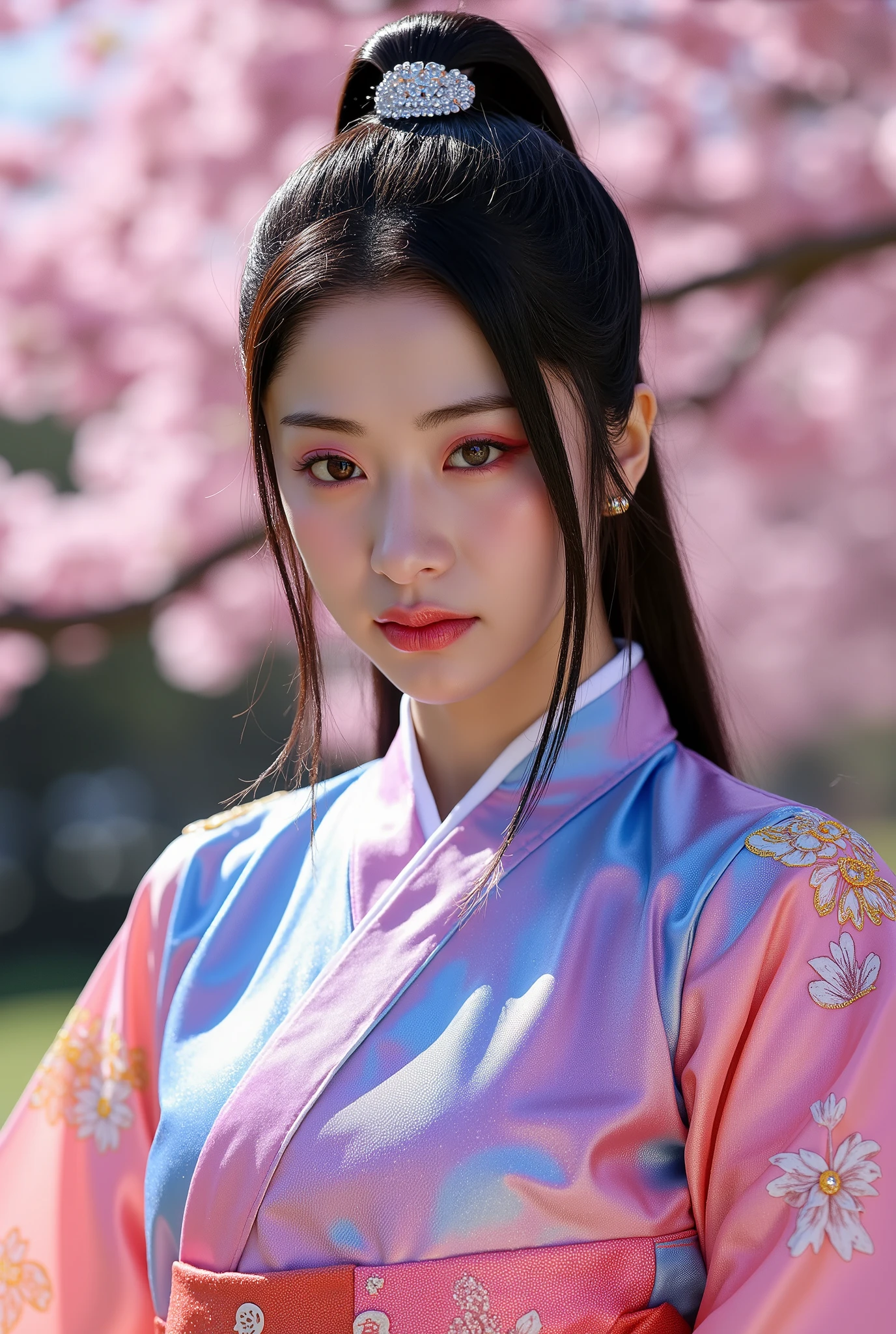 (Full Body), A luminous Korean beauty from ancient dynasties (221 BCE - 220 CE) stands majestically against a outdoor cherry blossom background, her vibrant raibow twotone Wuxia attire radiating an otherworldly aura. David Lachapelle's lens captures the frozen moment of her polished body, Si-fi graphics luminescent attire, and captivating gaze meeting the camera with unflinching intensity. reflected light liquid metal fabric attire, 8K resolution reveals razor-sharp features, high-contrast details, and Traditional Chinese hairstyles, while a subtle sheen on her lips hints at the application of Traditional lipstick, spiritual cosmic to realistic, reflected light Glass hair pin