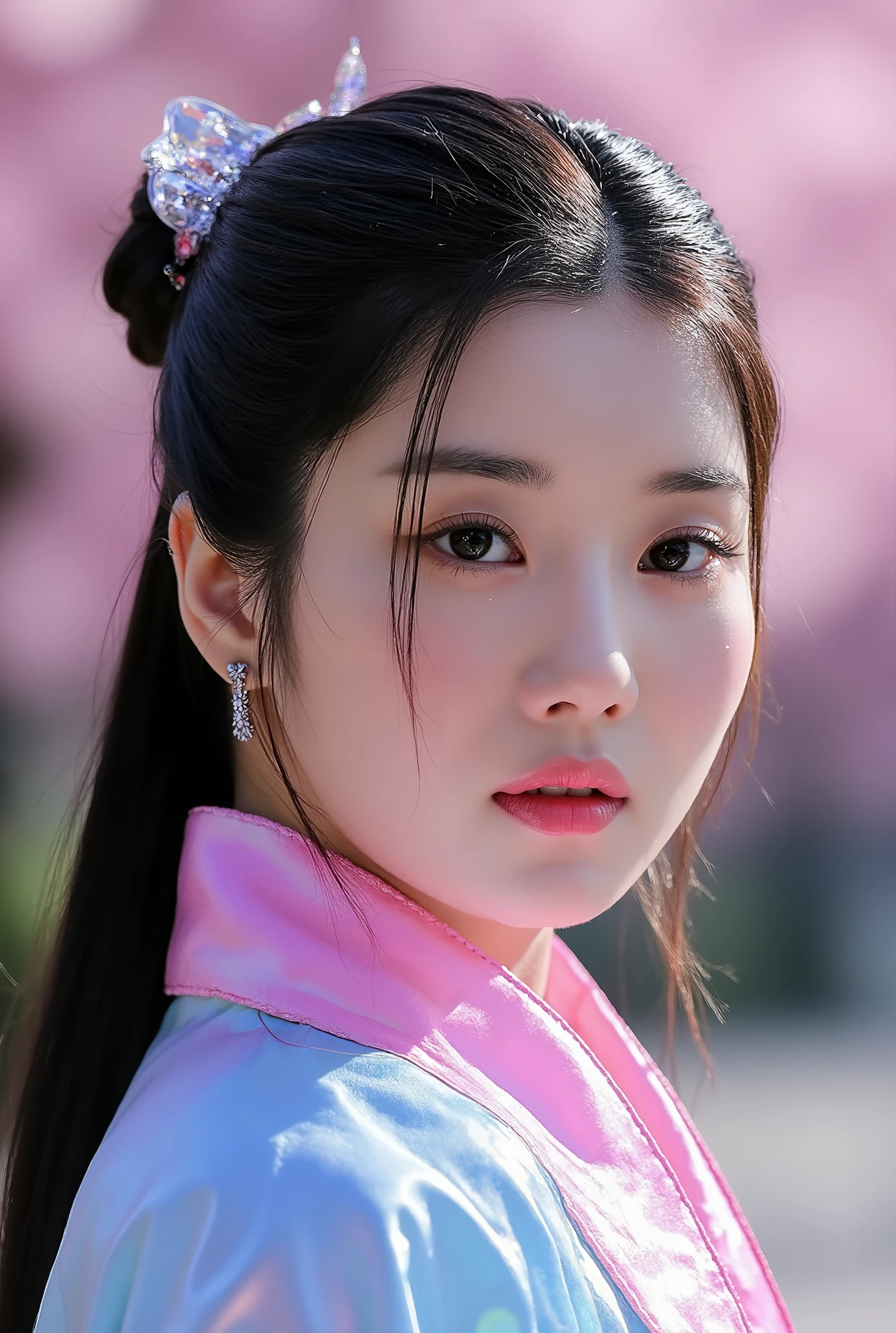 (Full Body), A luminous Korean beauty from ancient dynasties (221 BCE - 220 CE) stands majestically against a outdoor cherry blossom background, her vibrant raibow twotone Wuxia attire radiating an otherworldly aura. David Lachapelle's lens captures the frozen moment of her polished body, Si-fi graphics luminescent attire, and captivating gaze meeting the camera with unflinching intensity. reflected light liquid metal fabric attire, 8K resolution reveals razor-sharp features, high-contrast details, and Traditional Chinese hairstyles, while a subtle sheen on her lips hints at the application of Traditional lipstick, spiritual cosmic to realistic, reflected light Glass hair pin