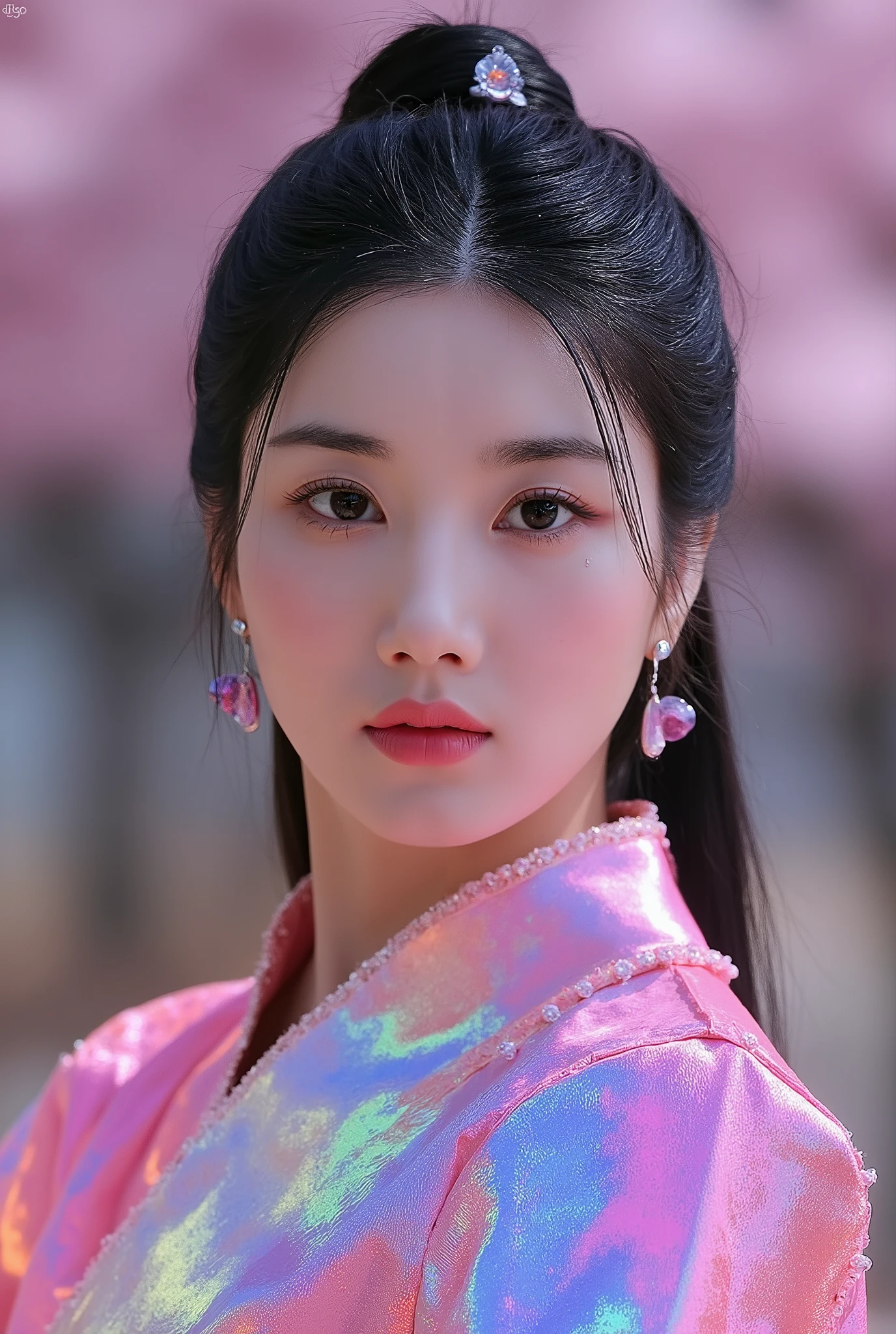 (Full Body), A luminous Korean beauty from ancient dynasties (221 BCE - 220 CE) stands majestically against a outdoor cherry blossom background, her vibrant raibow twotone Wuxia attire radiating an otherworldly aura. David Lachapelle's lens captures the frozen moment of her polished body, Si-fi graphics luminescent attire, and captivating gaze meeting the camera with unflinching intensity. reflected light liquid metal fabric attire, 8K resolution reveals razor-sharp features, high-contrast details, and Traditional Chinese hairstyles, while a subtle sheen on her lips hints at the application of Traditional lipstick, spiritual cosmic to realistic, reflected light Glass hair pin