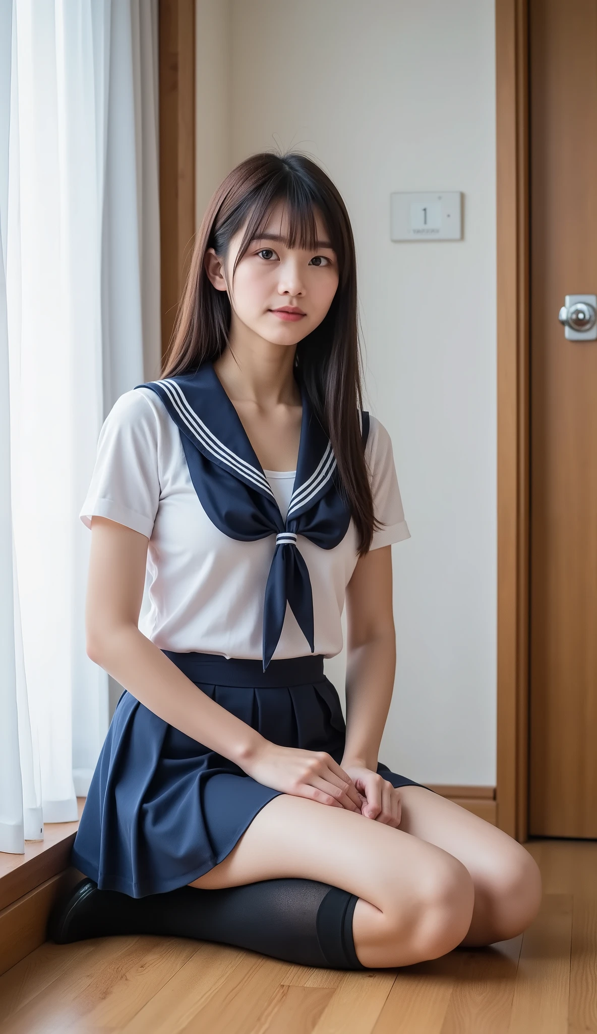 (((nsfw)))、 Japanese、KAWAII、Western-style room , japanese high school uniform, perfect body, double eyelids, sit against the wall, crouching,white pantie, I'm wearing black knee socks , cheap sailor suit, Japanese Language School Uniforms, 、 upskirt、 low angle shot 、( Between the thighs 、 Sisters、HIGH SEXUAL DESIRE 、 longing to have sex )、 young, thin and surprisingly cute gravure idol , twin tails 、 school uniforms、 wearing a dark blue pleated skirt 、 highlight buttocks 、 oily skin 、 navy sailor color 、 ((( The panties are see-through and、)))、 loafers、 Realistic Atmosphere, cute girl,Youngface,, cute 、 too cute small breasts 、 too cute butt、 middle sc transparent panties)))、((the panties are wet、You can see the other side))、