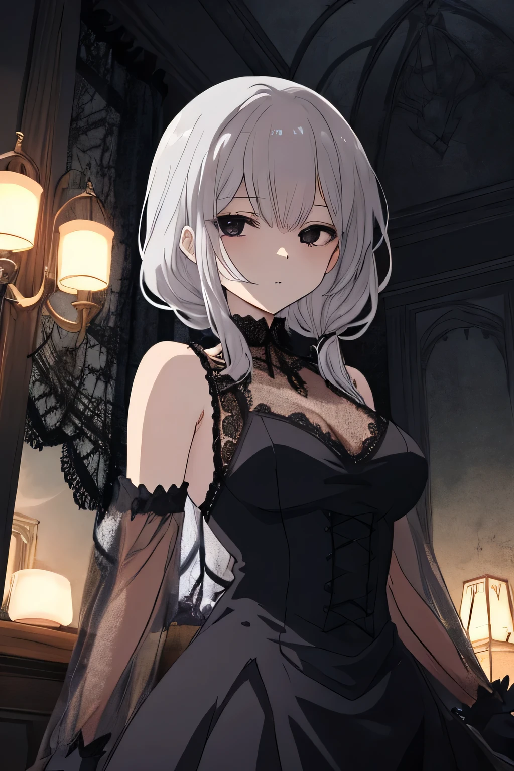 highly detailed anime-style illustration of a beautiful mature woman with long, silver hair,tied-back hairstyle, bangs, sharp eyes, smug expression, provocative pose, black lace dress, black gloves, gothic accessories, anime style, beautiful lighting, dark and cool atmosphere,black eyes
mature beauty, elegant expression, sultry gaze, sophisticated charm, natural soft lighting, anime aesthetic, smooth shading, warm atmosphere, alluring aura.