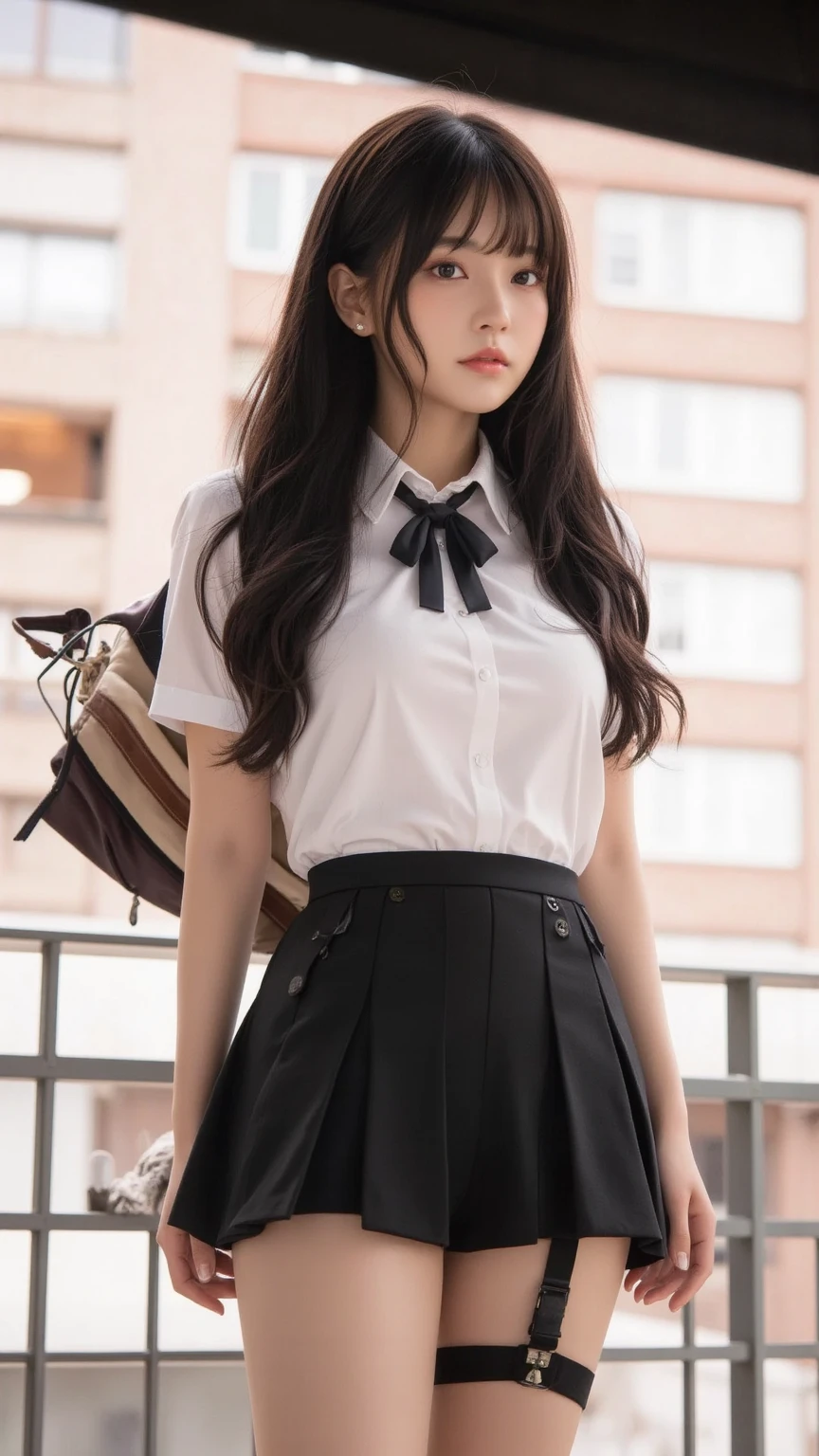 Robber girl standing in a school classroom,Short-sleeved white blouse with red tie,Very short red plaid miniskirt:1.2,18-year-old,bangs,a little smile,thighs,knees,from below,random pose,pretty girl,slender girl,white panties,Short-cut blonde,short side waves,carrying a black backpack、buttocks are exposed a lot、buttocks half exposed、