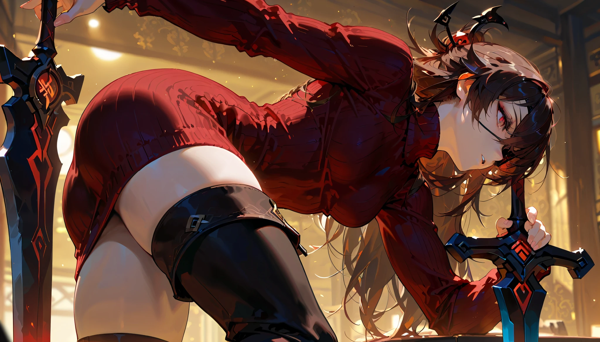 Full body image Scarlet Witch lying on her back masturbating with one hand with her legs up and burning them with the other arm showing her ass black pants stuck torn and revealing her vagina a tragic scene in the background with destroyed buildings and red explosions red magic in your hands 