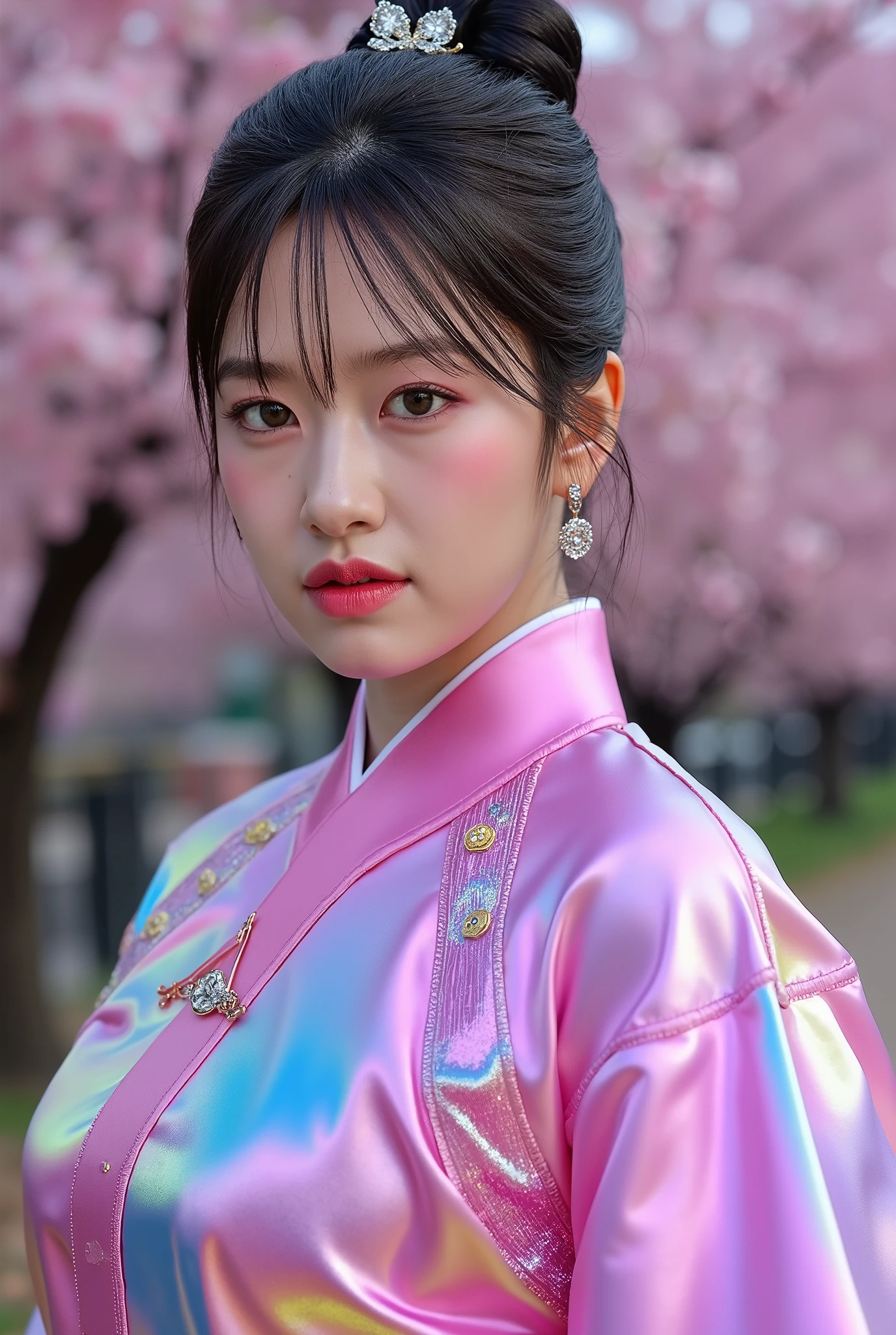 (Full Body), A luminous Korean beauty from ancient dynasties (221 BCE - 220 CE) stands majestically against a outdoor cherry blossom background, her vibrant raibow twotone Wuxia attire radiating an otherworldly aura. David Lachapelle's lens captures the frozen moment of her polished body, Si-fi graphics luminescent attire, and captivating gaze meeting the camera with unflinching intensity. reflected light liquid metal fabric attire, 8K resolution reveals razor-sharp features, high-contrast details, and Traditional Chinese hairstyles, while a subtle sheen on her lips hints at the application of Traditional lipstick, spiritual cosmic to realistic, reflected light Glass hair pin
