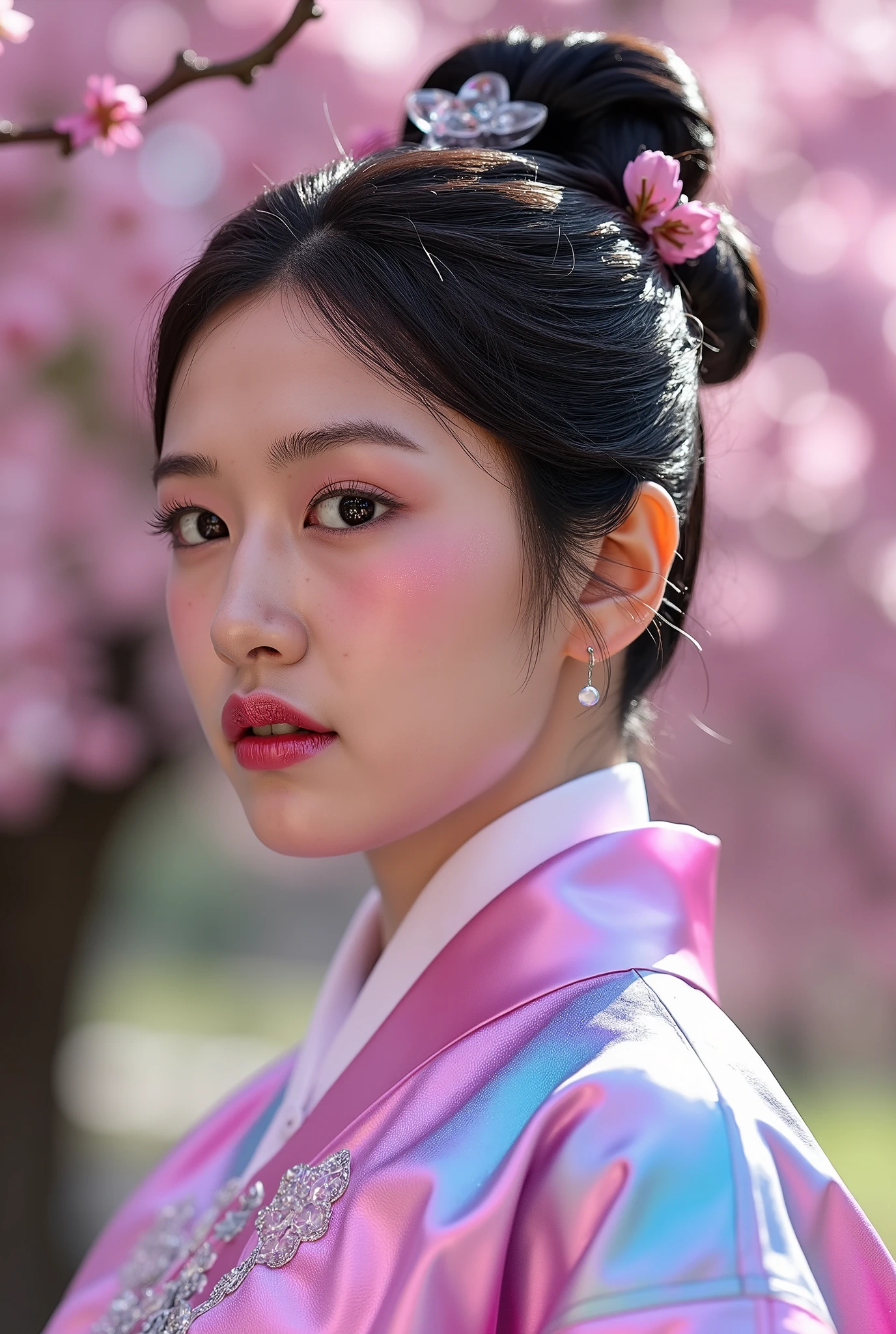 (Full Body), A luminous Korean beauty from ancient dynasties (221 BCE - 220 CE) stands majestically against a outdoor cherry blossom background, her vibrant raibow twotone Wuxia attire radiating an otherworldly aura. David Lachapelle's lens captures the frozen moment of her polished body, Si-fi graphics luminescent attire, and captivating gaze meeting the camera with unflinching intensity. reflected light liquid metal fabric attire, 8K resolution reveals razor-sharp features, high-contrast details, and Traditional Chinese hairstyles, while a subtle sheen on her lips hints at the application of Traditional lipstick, spiritual cosmic to realistic, reflected light Glass hair pin
