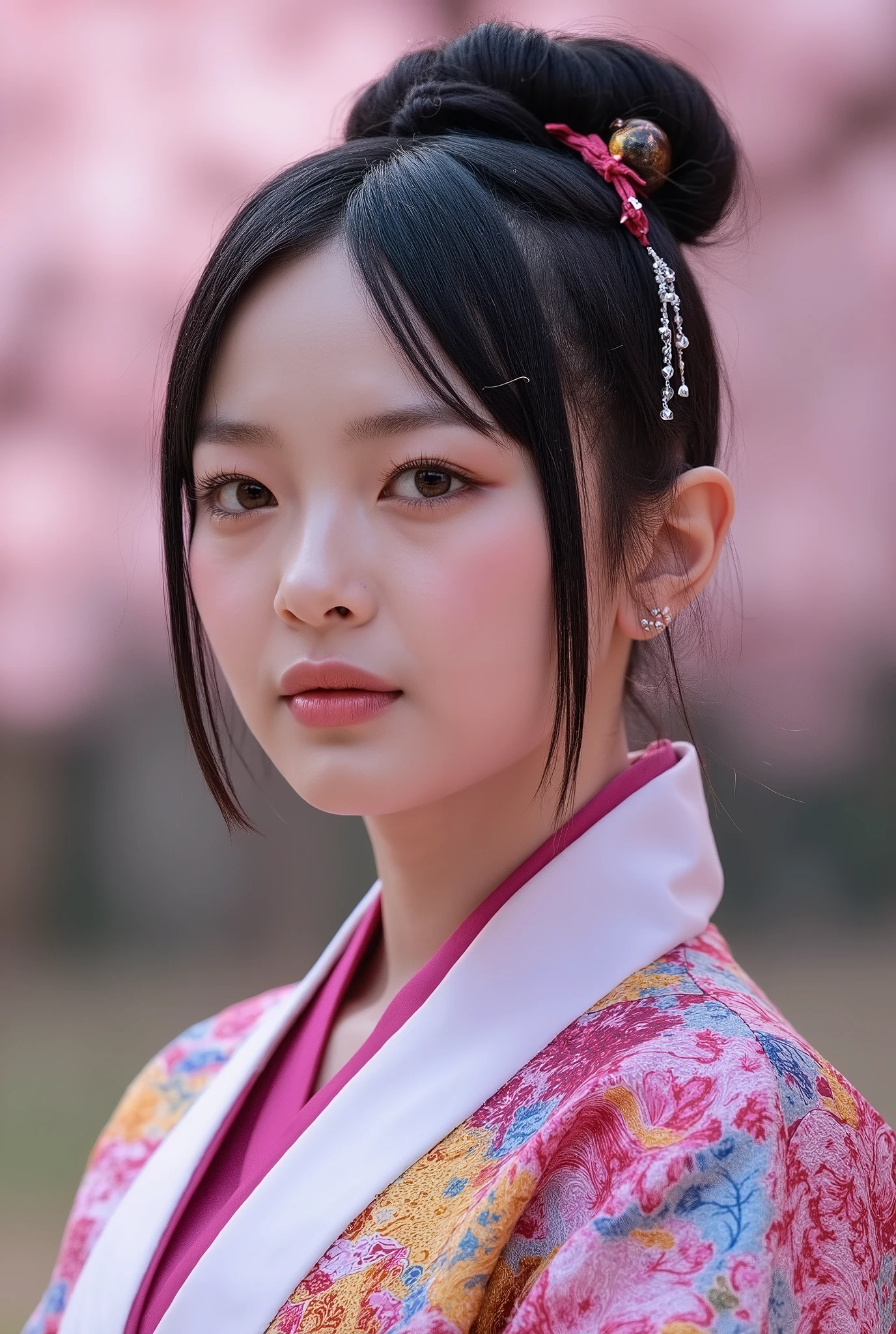 (Full Body), A luminous Korean beauty from ancient dynasties (221 BCE - 220 CE) stands majestically against a outdoor cherry blossom background, her vibrant raibow twotone Wuxia attire radiating an otherworldly aura. David Lachapelle's lens captures the frozen moment of her polished body, Si-fi graphics luminescent attire, and captivating gaze meeting the camera with unflinching intensity. reflected light liquid metal fabric attire, 8K resolution reveals razor-sharp features, high-contrast details, and Traditional Chinese hairstyles, while a subtle sheen on her lips hints at the application of Traditional lipstick, spiritual cosmic to realistic, reflected light Glass hair pin