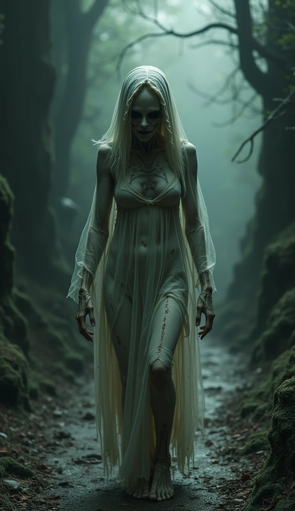 Photorealism 1.2 high definition women full  white cloth very long hair hanging at dead tree with hooks on shoulder smoke effect ugly scariest face blood Asian rain forest background dusk effect zombie face deep jungle full white dress floating in the air night dramatic view cinematography view 