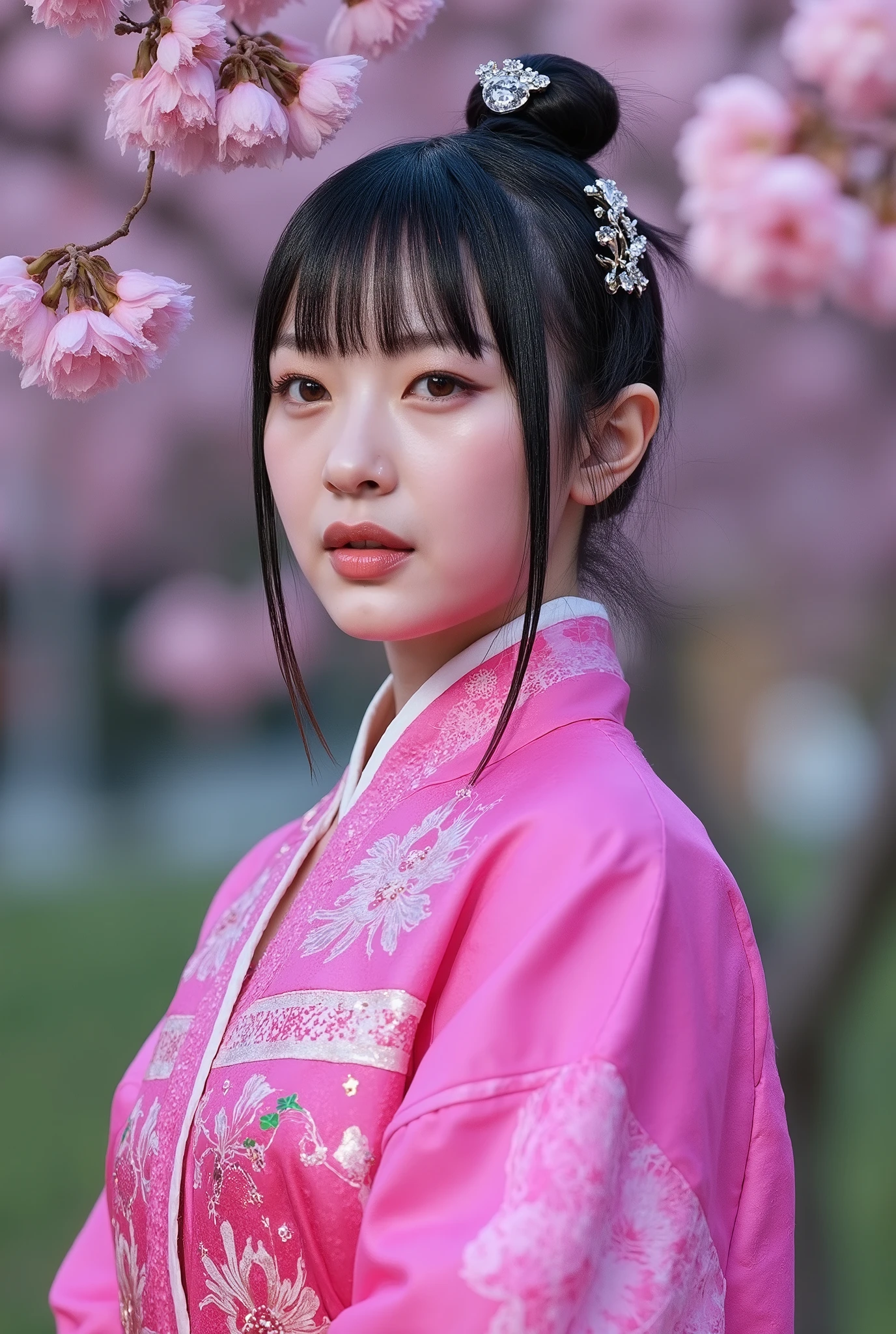 (Full Body), A luminous Korean beauty from ancient dynasties (221 BCE - 220 CE) stands majestically against a outdoor cherry blossom background, her vibrant raibow twotone Wuxia attire radiating an otherworldly aura. David Lachapelle's lens captures the frozen moment of her polished body, Si-fi graphics luminescent attire, and captivating gaze meeting the camera with unflinching intensity. reflected light liquid metal fabric attire, 8K resolution reveals razor-sharp features, high-contrast details, and Traditional Chinese hairstyles, while a subtle sheen on her lips hints at the application of Traditional lipstick, spiritual cosmic to realistic, reflected light Glass hair pin