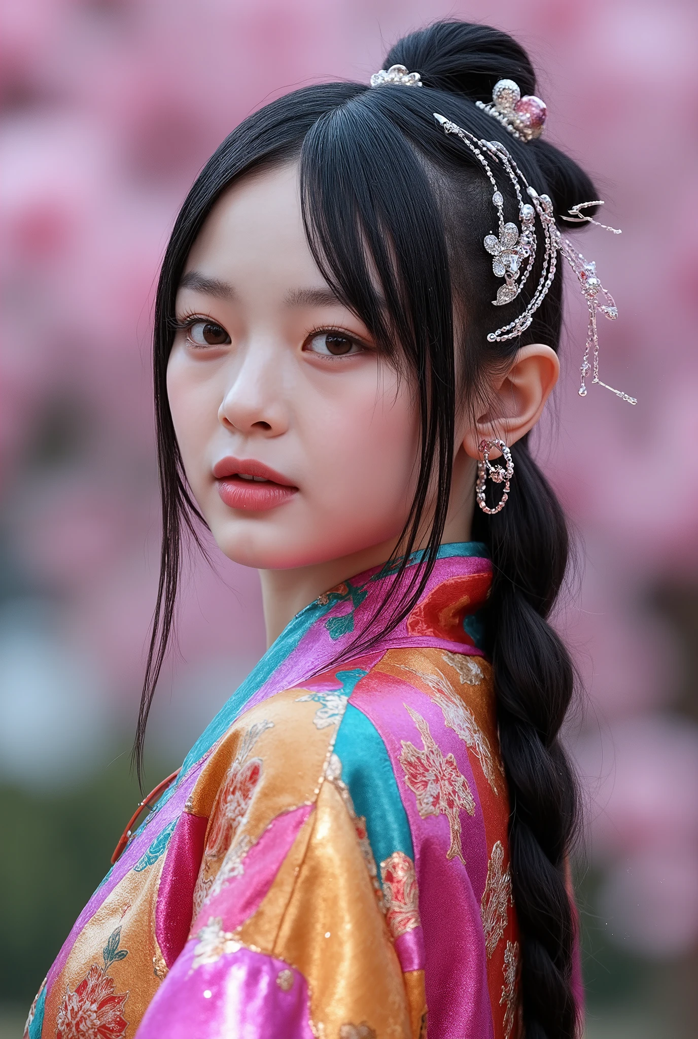 (Full Body), A luminous Korean beauty from ancient dynasties (221 BCE - 220 CE) stands majestically against a outdoor cherry blossom background, her vibrant raibow twotone Wuxia attire radiating an otherworldly aura. David Lachapelle's lens captures the frozen moment of her polished body, Si-fi graphics luminescent attire, and captivating gaze meeting the camera with unflinching intensity. reflected light liquid metal fabric attire, 8K resolution reveals razor-sharp features, high-contrast details, and Traditional Chinese hairstyles, while a subtle sheen on her lips hints at the application of Traditional lipstick, spiritual cosmic to realistic, reflected light Glass hair pin