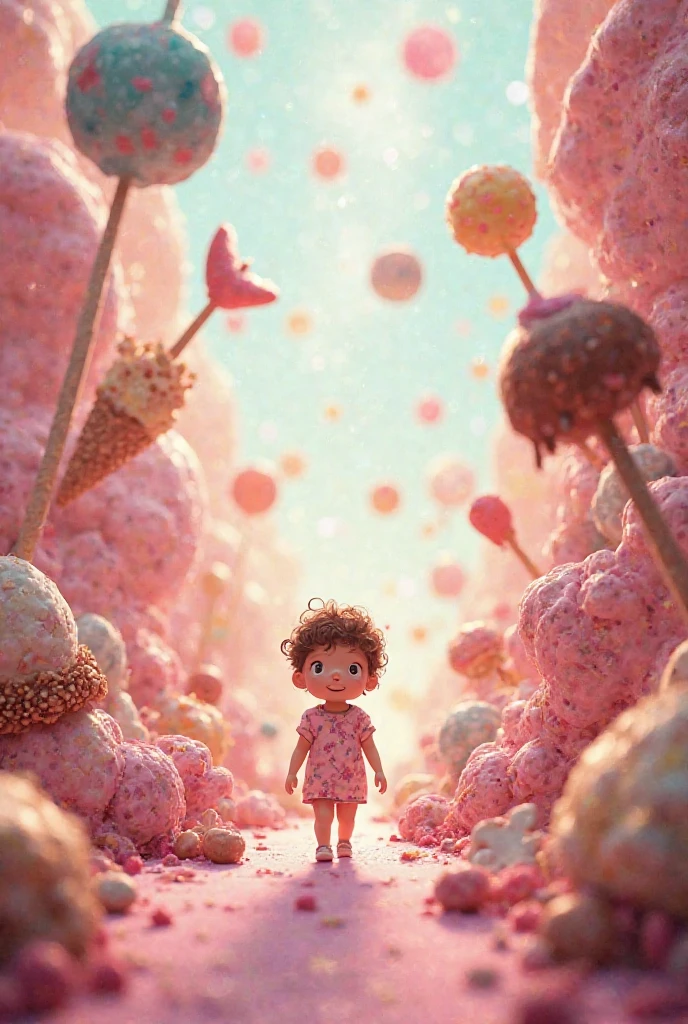 Creative poster 3D effect Blue sky and white clouds Picture pink color Playground in the distance Near long-haired girl sitting on a carousel