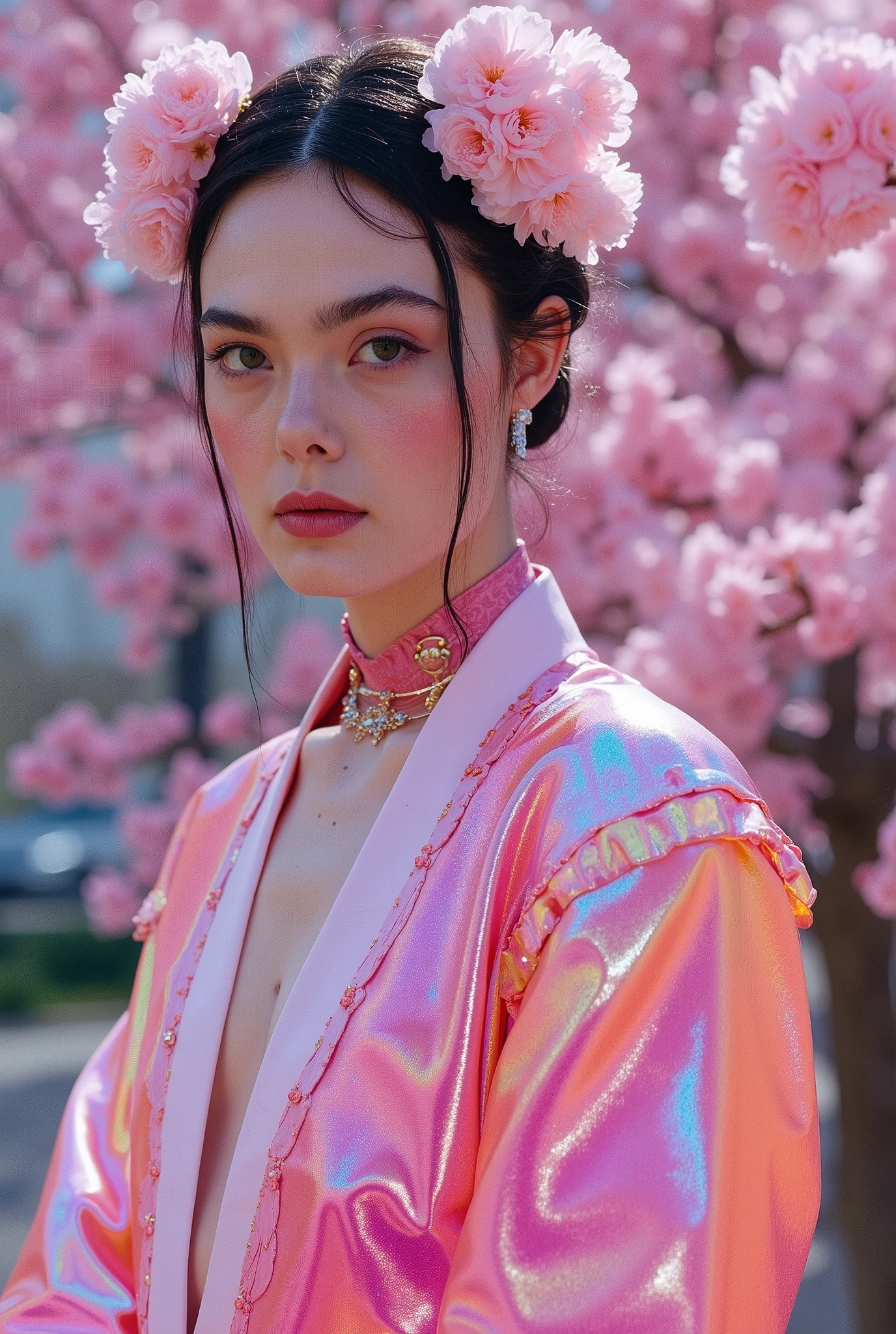 (Full Body), A luminous beauty from ancient dynasties (221 BCE - 220 CE) stands majestically against a outdoor cherry blossom background, her vibrant raibow twotone Wuxia attire radiating an otherworldly aura. David Lachapelle's lens captures the frozen moment of her polished body, Si-fi graphics luminescent attire, and captivating gaze meeting the camera with unflinching intensity. reflected light liquid metal fabric attire, 8K resolution reveals razor-sharp features, high-contrast details, and Traditional medieval hairstyles, while a subtle sheen on her lips hints at the application of Traditional lipstick, spiritual cosmic to realistic, reflected light Glass hair pin