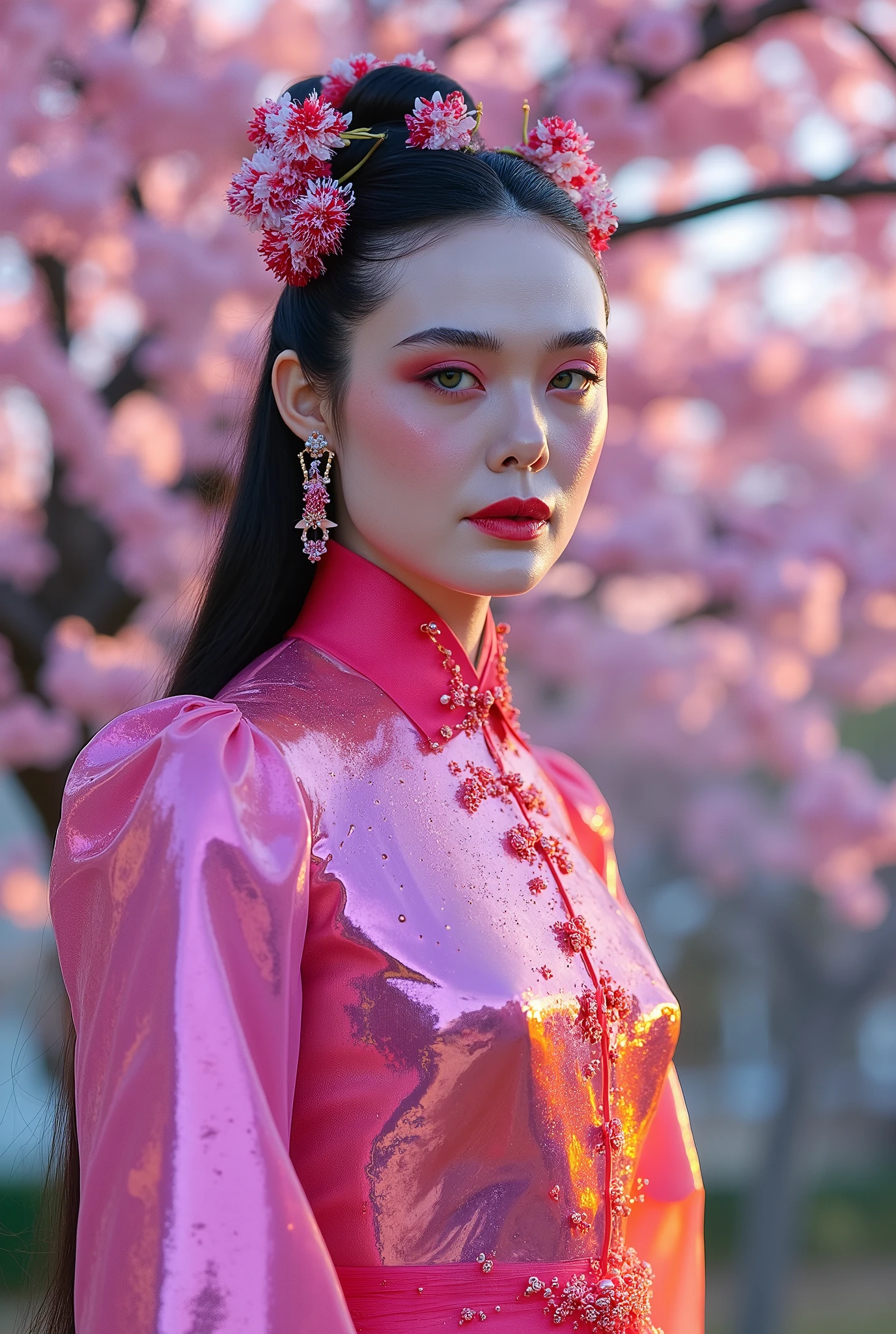 (Full Body), A luminous beauty from ancient dynasties (221 BCE - 220 CE) stands majestically against a outdoor cherry blossom background, her vibrant raibow twotone Wuxia attire radiating an otherworldly aura. David Lachapelle's lens captures the frozen moment of her polished body, Si-fi graphics luminescent attire, and captivating gaze meeting the camera with unflinching intensity. reflected light liquid metal fabric attire, 8K resolution reveals razor-sharp features, high-contrast details, and Traditional medieval hairstyles, while a subtle sheen on her lips hints at the application of Traditional lipstick, spiritual cosmic to realistic, reflected light Glass hair pin