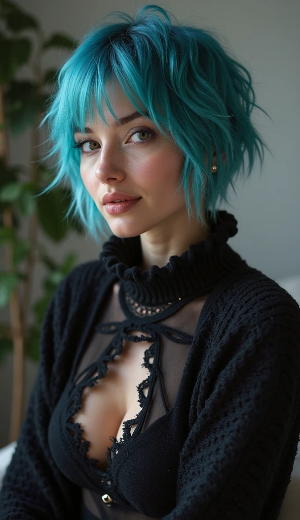 (Best quality), ((artistic realization)), (ultra detailed), Woman 20 Years Old Nordic Ethnicity, Short blue hair with a perfect face and light freckles, Blue-Green Eyes,(masterpiece, best quality, ultra realistic, 32k, RAW photo, detail skin, 8k uhd, dslr, high quality, film grain:1.1), portrait, lady, Off-the-shoulder top/dress, (Mint green gradient background, led light, edge light, simple background), ((Color palette - turquoise, neon green, yellow shades))