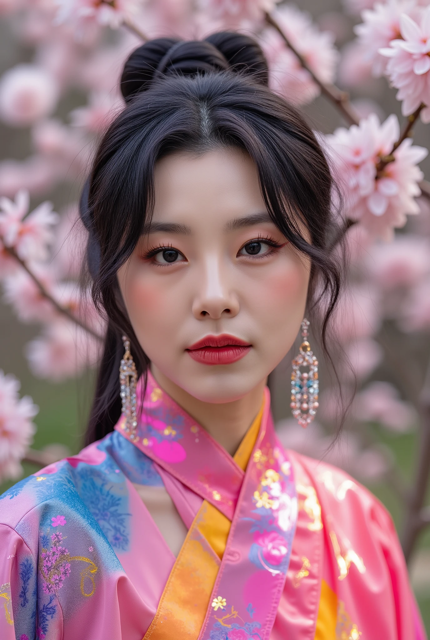 (Full Body), A luminous Korean beauty from ancient dynasties (221 BCE - 220 CE) stands majestically against a outdoor cherry blossom background, her vibrant raibow twotone Wuxia attire radiating an otherworldly aura. David Lachapelle's lens captures the frozen moment of her polished body, Si-fi graphics luminescent attire, and captivating gaze meeting the camera with unflinching intensity. reflected light liquid metal fabric attire, 8K resolution reveals razor-sharp features, high-contrast details, and Traditional Chinese hairstyles, while a subtle sheen on her lips hints at the application of Traditional lipstick, spiritual cosmic to realistic, reflected light Glass hair pin
