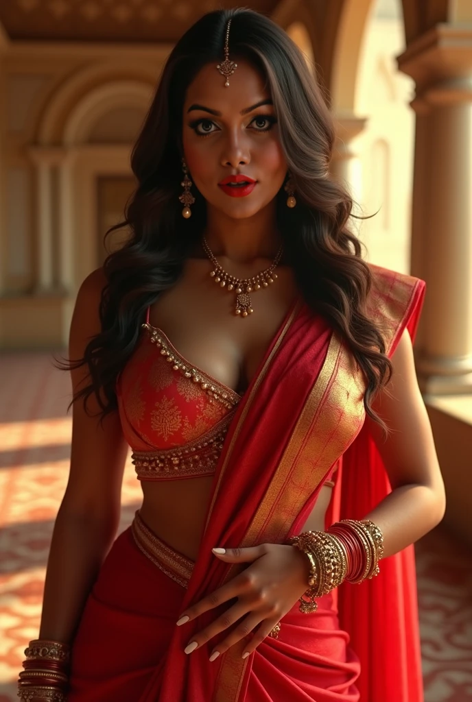 a beautiful indian goddess, slim figure, intricate ornate costuming, long flowing hair, provocative pose, deep cleavage, extremely detailed, hyperrealistic, photorealistic, 8k, cinematic lighting, dramatic colors, hindu aesthetic, stunning beauty, masterpiece