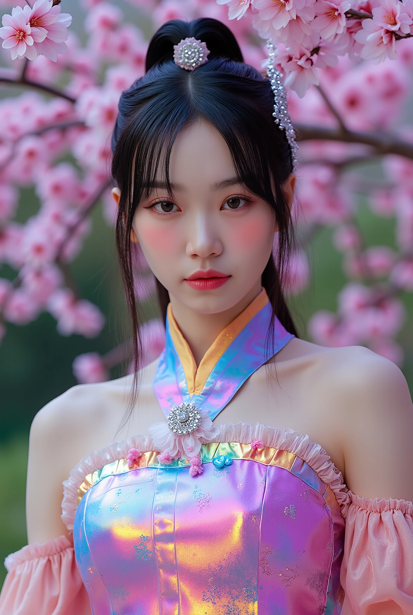 (Full Body), A luminous Korean beauty from ancient dynasties (221 BCE - 220 CE) stands majestically against a outdoor cherry blossom background, her vibrant raibow twotone Wuxia attire radiating an otherworldly aura. David Lachapelle's lens captures the frozen moment of her polished body, Si-fi graphics luminescent attire, and captivating gaze meeting the camera with unflinching intensity. reflected light liquid metal fabric attire, 8K resolution reveals razor-sharp features, high-contrast details, and Traditional Chinese hairstyles, while a subtle sheen on her lips hints at the application of Traditional lipstick, spiritual cosmic to realistic, reflected light Glass hair pin