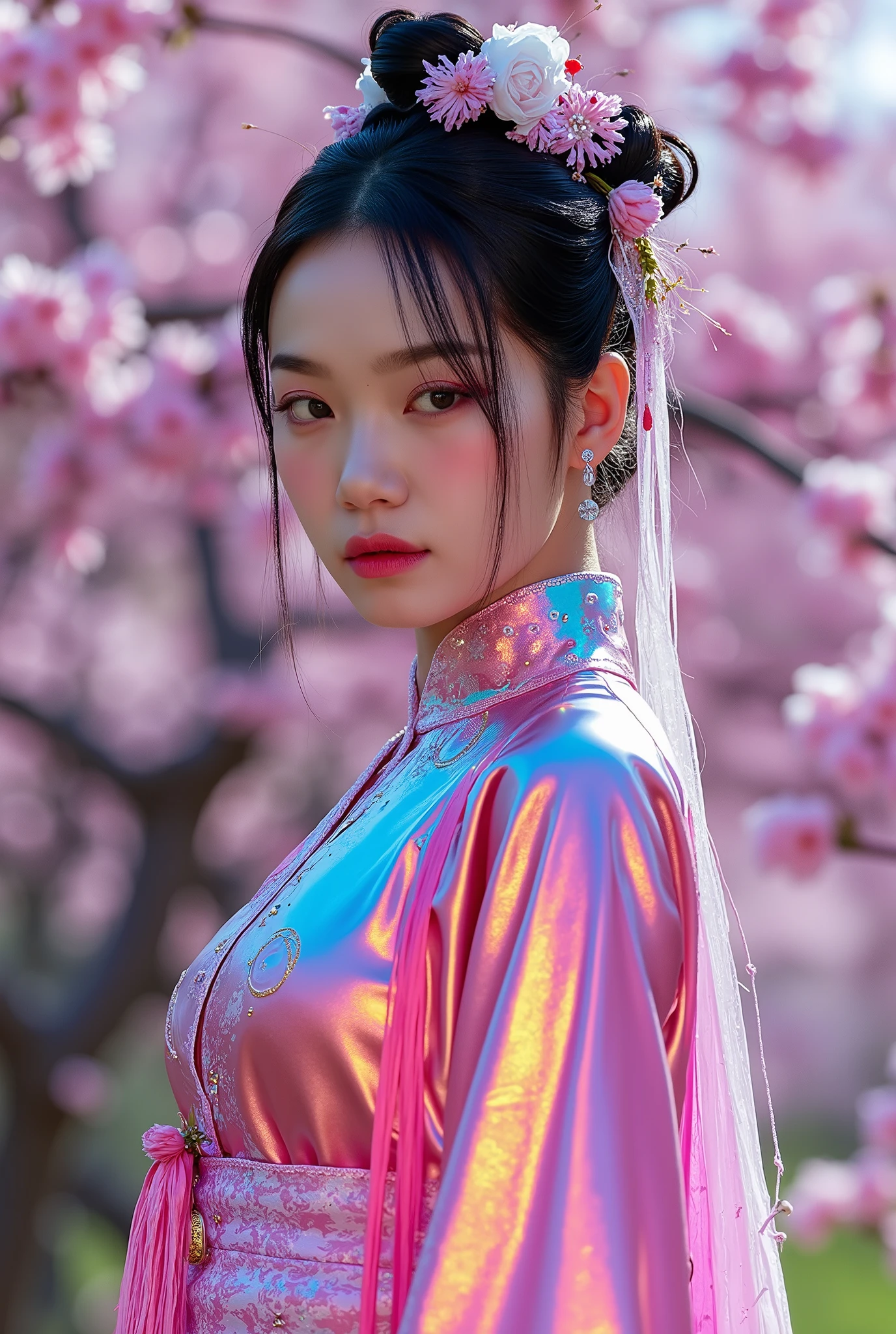 (Full Body), A luminous Korean beauty from ancient dynasties (221 BCE - 220 CE) stands majestically against a outdoor cherry blossom background, her vibrant raibow twotone Wuxia attire radiating an otherworldly aura. David Lachapelle's lens captures the frozen moment of her polished body, Si-fi graphics luminescent attire, and captivating gaze meeting the camera with unflinching intensity. reflected light liquid metal fabric attire, 8K resolution reveals razor-sharp features, high-contrast details, and Traditional Chinese hairstyles, while a subtle sheen on her lips hints at the application of Traditional lipstick, spiritual cosmic to realistic, reflected light Glass hair pin