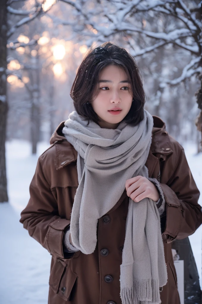 japanese muslim girl, pasmina hijab, perfect body figure, thick winter jacket with hood, white jacket, snowy city landscape