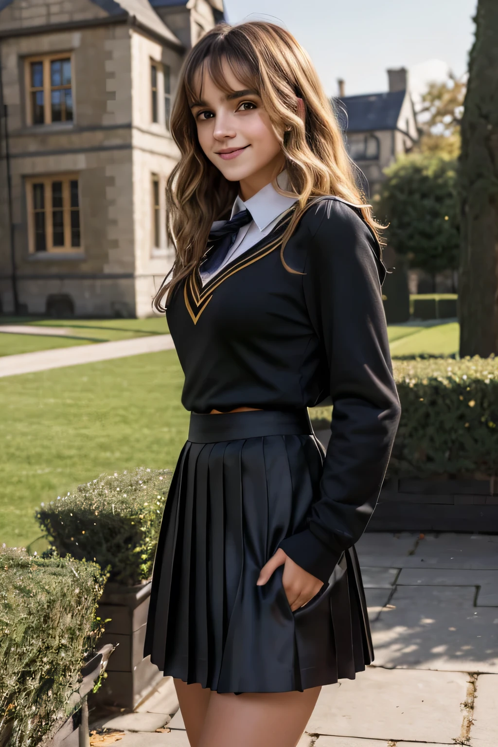 Gorgeous european woman with curly hair, bushy hair with bangs, thick hair, shoulder length hair, shiny hair, streaked blonde hair, seductive pose, Emma Watson in a school clothes, perfect breasts, (wearing long black Hogwarts cloke over school uniform with gray pleated skirt: 1.15), (happy smile, focus on breasts:1.2), standing on a sidewalk, (British Naborhood, brick homes, evening), (extremely detailed 8k wallpaper),
