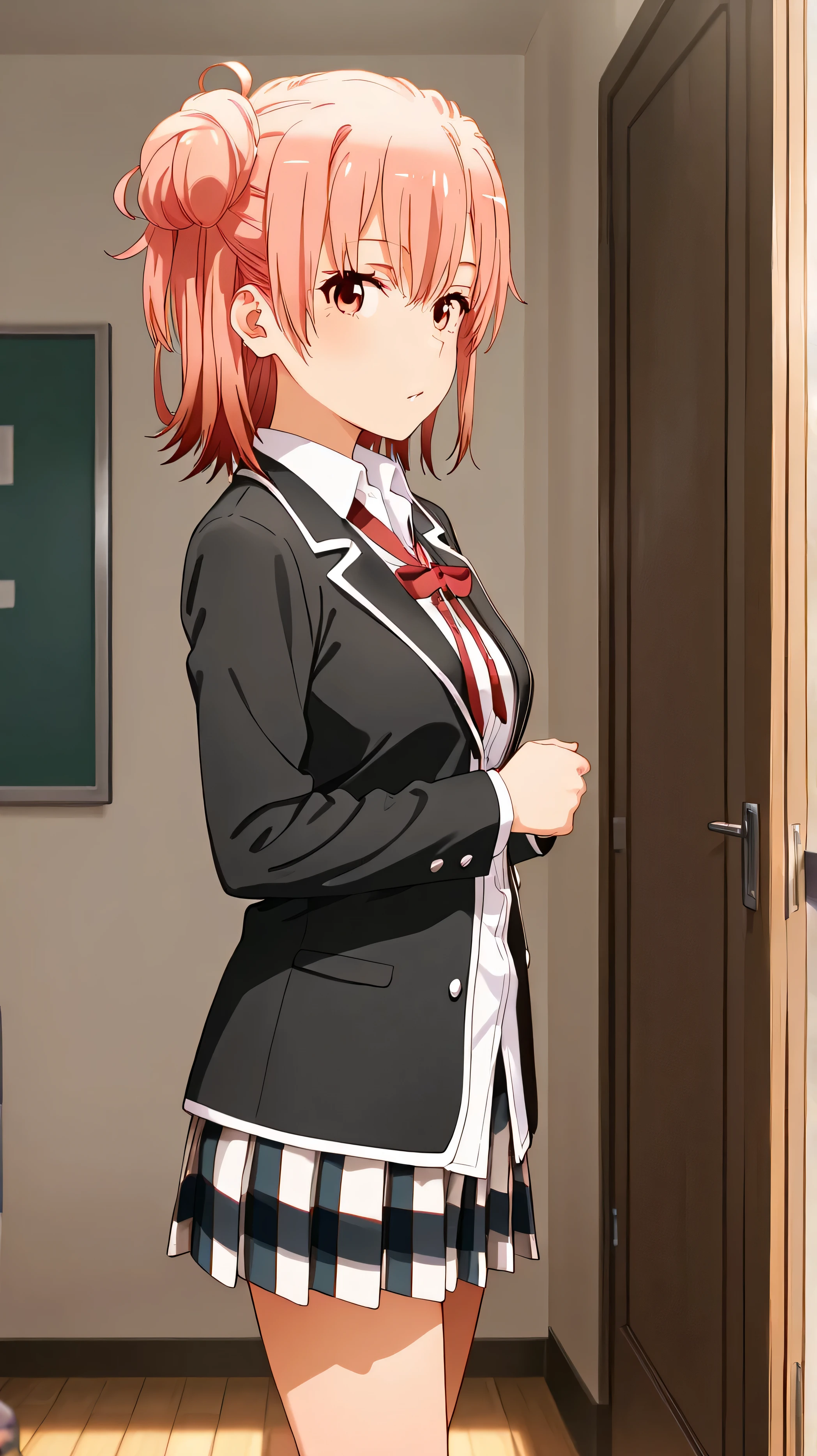   high school girl, (Yuigahama Yui  ), cute,    uniform ,blazer , room,  masterpiece:1.5,  masterpiece, 最 high quality,  Ultra High Resolution, retina,  masterpiece,  accurate anatomy,  very well detailed,  high quality, 最 high quality, 8k, Dynamic Angle、pink hair, medium hair ,  red eyes