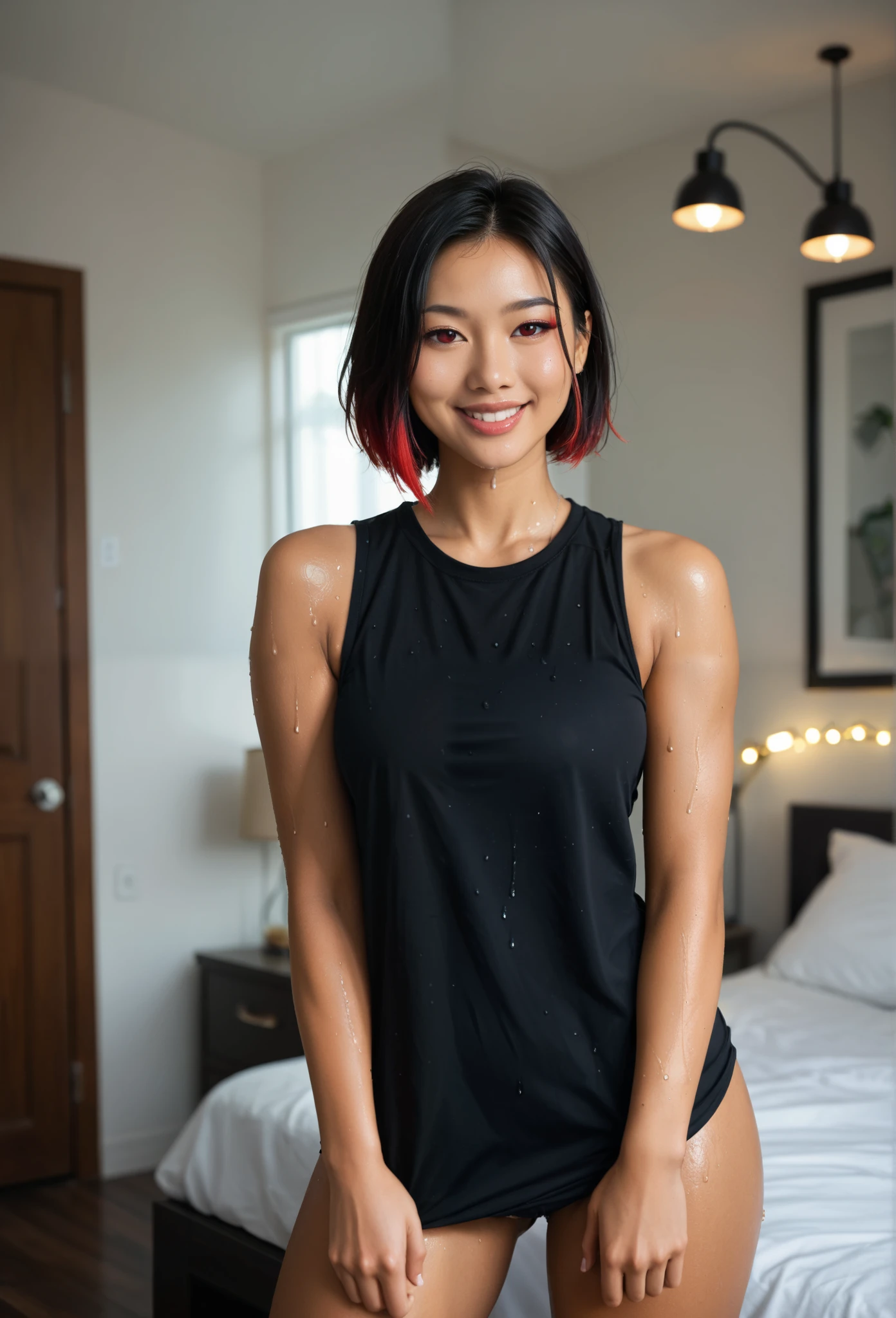 low, mix_Art Style, Hanging , big , Clevis, Sweaty, sexy, thicc
1 girl, Standing Alone, hand, Asian, Short sleeveless black T-shirt, Black hot pants, Short black hair with red highlights, Red eyes, smile, (Dark bedroom、A room with the lights off、Messy bedroom)