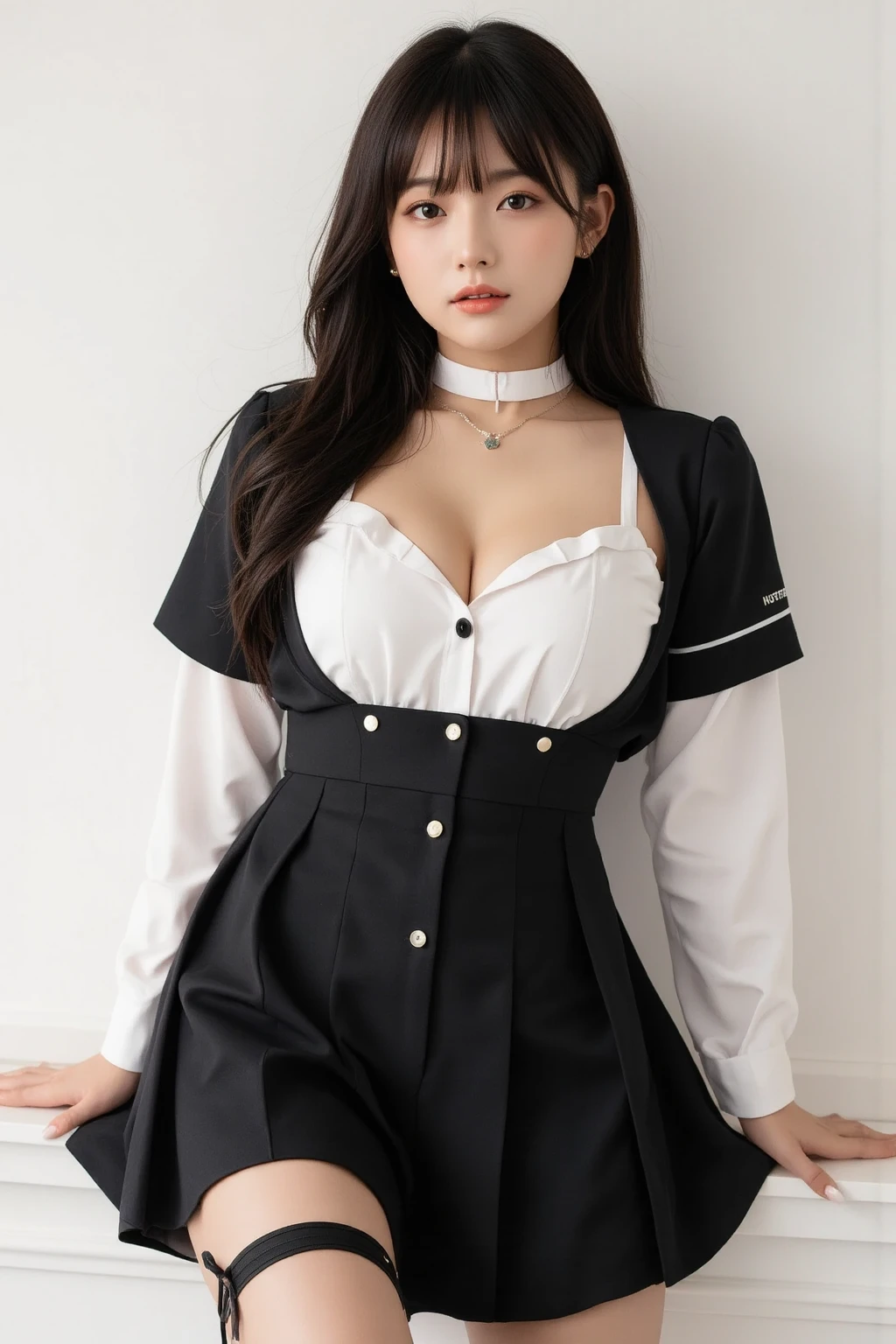 Eurora, 1 Girl, Solo, Realism, Best Quality, Ultra High Resolution, HDR,8k Resolution, Photo Shoot, (Realistic:1.4), (Realistic Damp Skin:1.2), (22Yo:1.3), Detailed Eyes, Medium Breasts, Long Hair, (Light Brown Hair:1), Looking at the Audience, Facing Front, Light on Face, (Dark Blue Plaid Pleated Skirt), (Sailor Collar School Uniform), In the Classroom, (NSFW: 1.25)