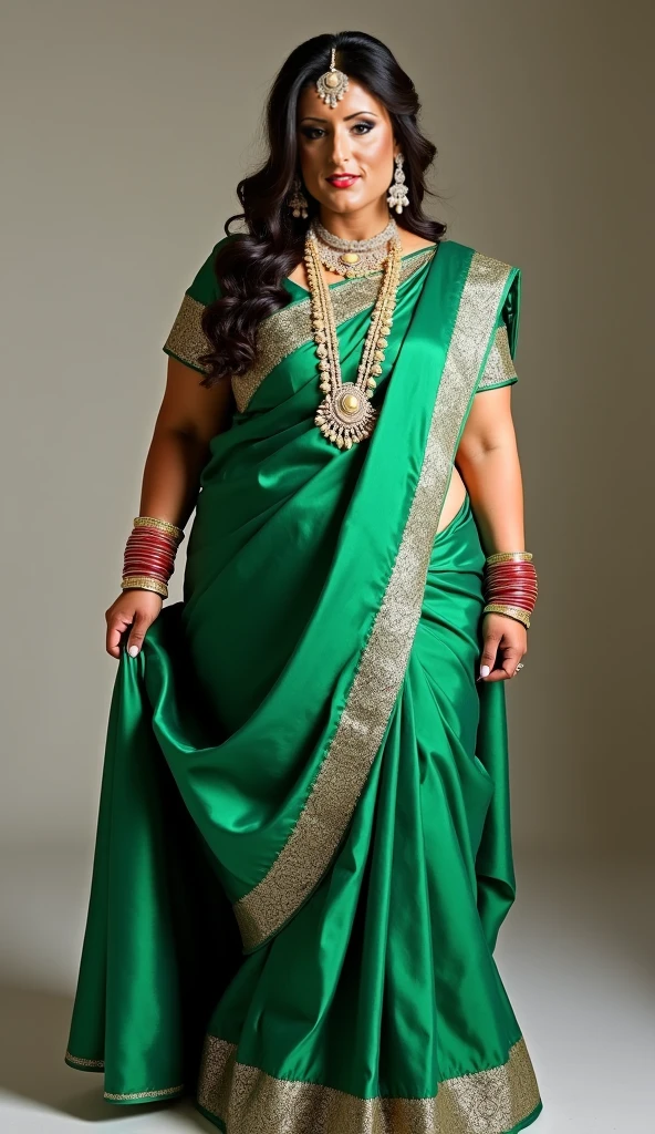 Day scene, A radiant, full-figured South Indian 35 year old aunty a green colour chiffon gown ,standing, in a office captured in a full-body image with vibrant hues and meticulous details. Full body image