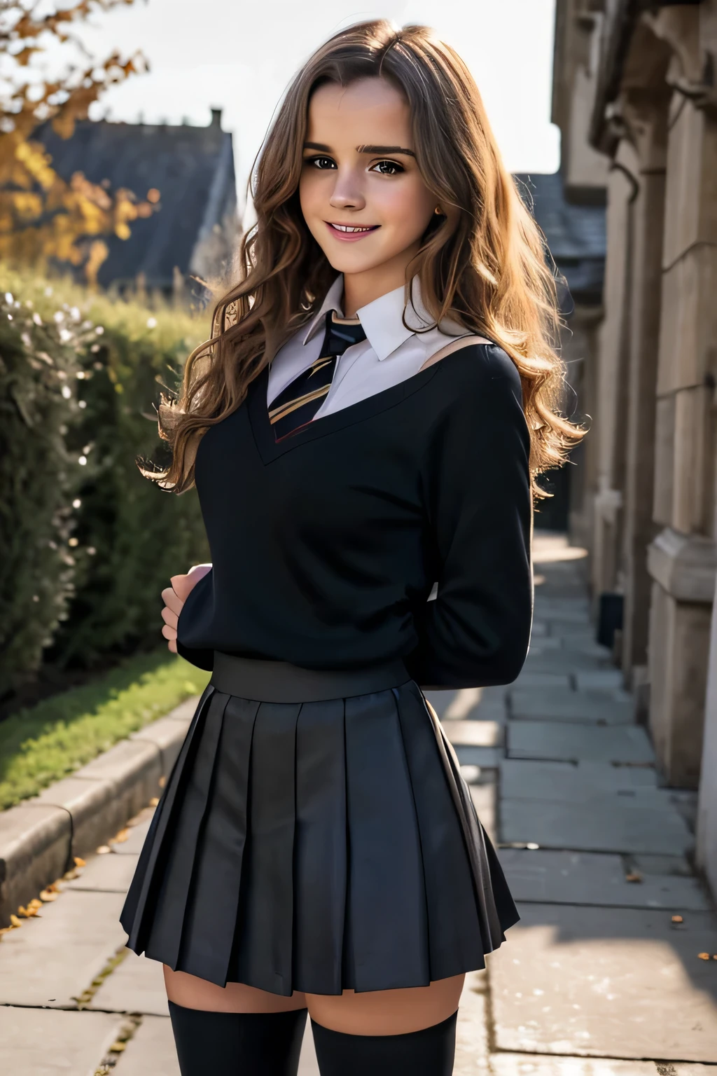 Gorgeous european woman with curly hair, bushy hair with bangs, thick hair, shoulder length hair, shiny hair, streaked blonde hair, seductive pose, Emma Watson in a school clothes, perfect breasts, (wearing long black Hogwarts cloke over school uniform with gray pleated skirt and knee-high socks: 1.15), (happy smile, focus on breasts:1.2), standing on a sidewalk, (British Naborhood, brick homes, evening), (extremely detailed 8k wallpaper),