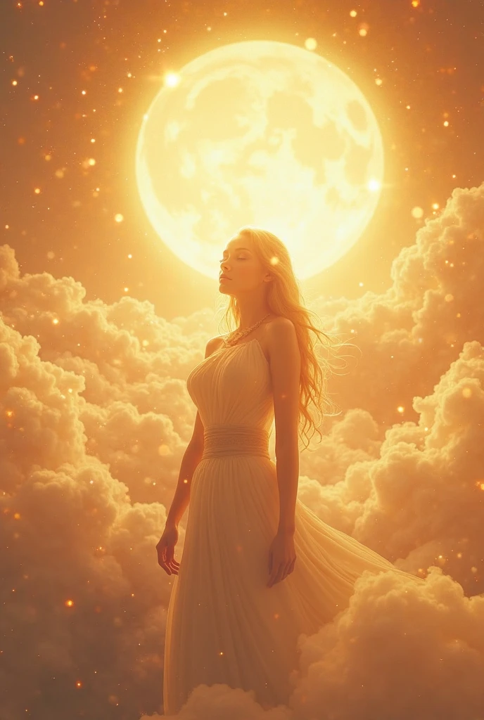 Charming woman with long, silky hair that goes down to her waist. Her threads are of an angelic tone, full body, em um branco puro, que parecem emanar uma suave luz. upon his head, delicate lights dance like shooting stars, proporcionando um brilho celestial ao seu rosto. Com os olhos fechados, It conveys serenity and a deep connection to your inner world. Ao seu redor, diversas flores exalam seu perfume doce e colorido, criando uma aura ainda mais encantadora. This woman is the embodiment of beauty and peace, inviting and happy, moon light