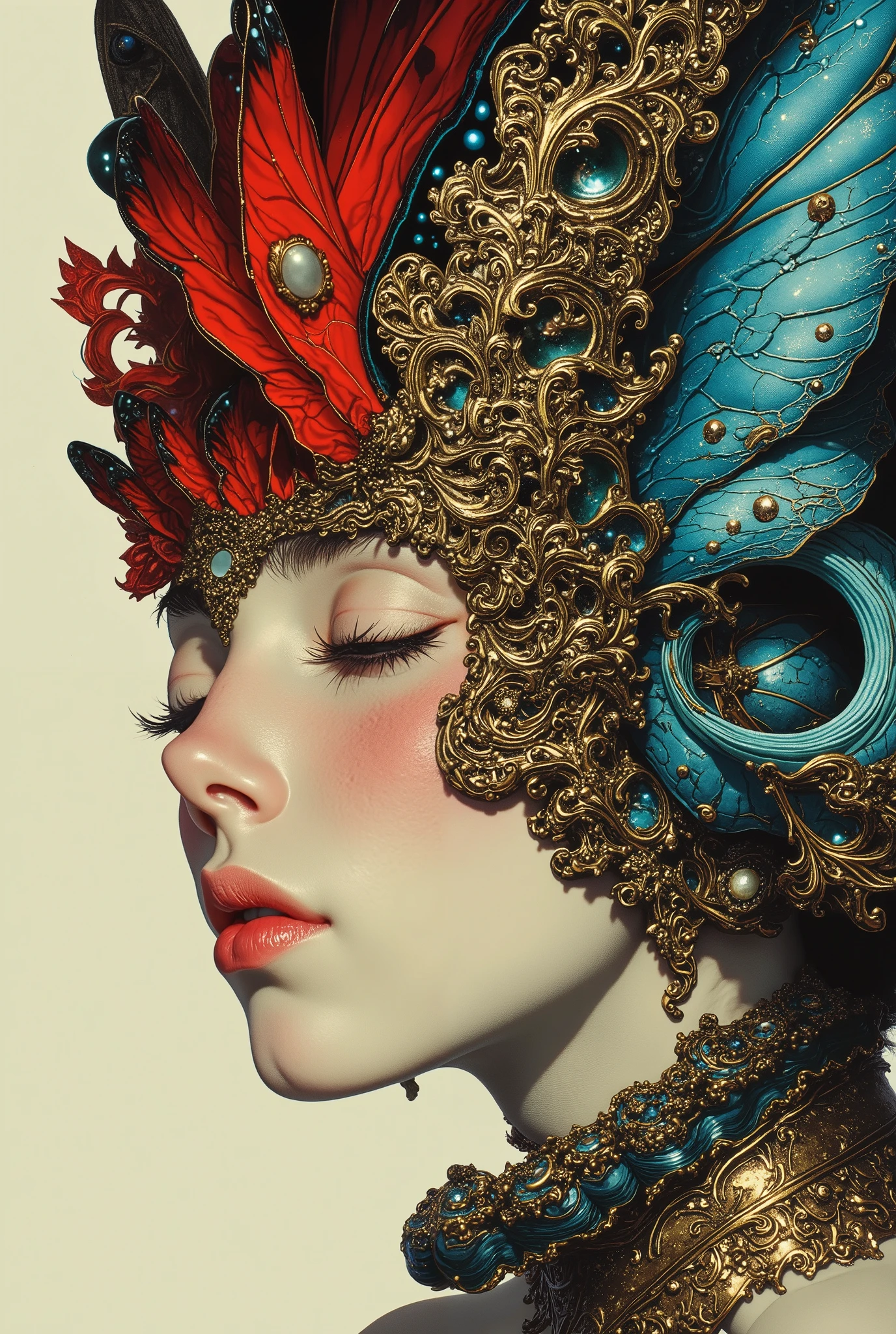 Triple exposure: A surreal and ethereal portrait of a woman whose face merges seamlessly with the wings of an intricate butterfly. The butterfly's delicate, translucent wings are adorned with gold filigree and deep red and teal hues, creating an enchanting effect. Her full, glossy lips are slightly parted, blending into the wing’s patterns, while her dreamy, mysterious eyes are partially visible. Rich in fine details, elegant swirling lines, and soft painterly textures, the composition evokes a mystical, otherworldly atmosphere, fusing beauty, nature, and fantasy. Triple exposure.