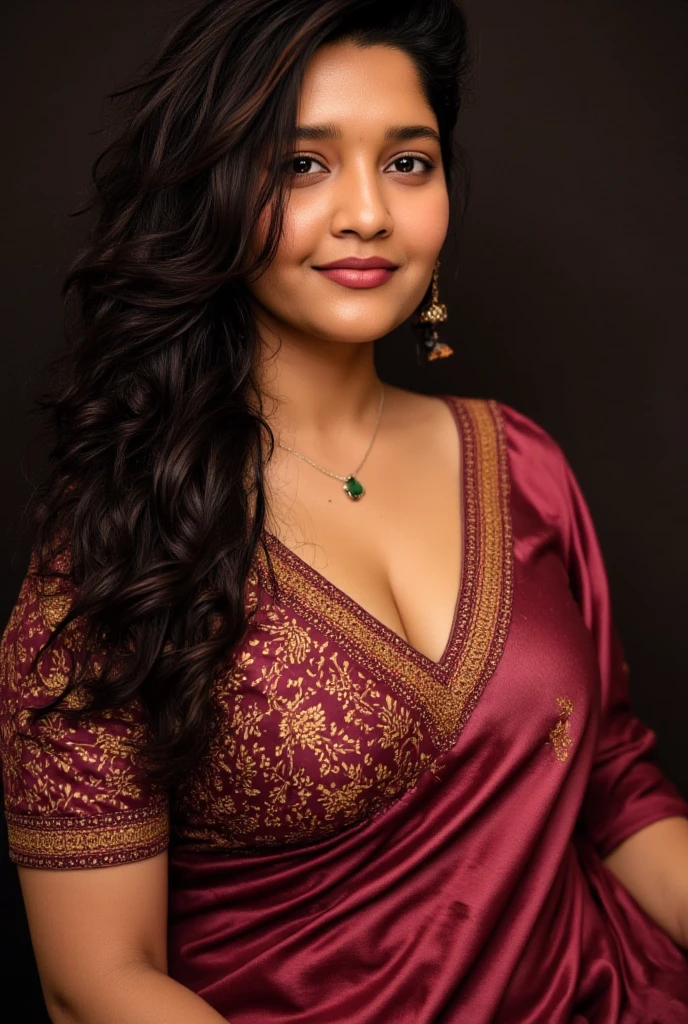 Create an ultra-realistic image of a modern, attractive female private school teacher of Indian descent, aged between 27 to 30. She should have a warm and inviting smile, expressive almond-shaped eyes with a slight shimmer, and clear, glowing skin with a medium brown complexion. Her features should be well-defined, with high cheekbones and a sharp jawline. Her hair should be long, thick, and wavy, with a natural shine and bounce, styled in loose waves. Her hair color should be a deep, reddish-purple hue that’s bold yet sophisticated. She should have a slender yet athletic build, reflecting a healthy and active lifestyle, with increased bust and butt size.
She is wearing a traditional red georgette saree, draped elegantly in an Indian style, paired with a black blouse. The saree should be detailed with subtle embroidery or a decorative border to enhance its beauty. Her back should be exposed in a manner similar to the style shown in a three-image collage. She is accessorized with traditional jewelry, such as small hoop earrings and a few bangles.
The background should depict a classroom setting in a private school, with desks, a blackboard, and educational posters on the walls, suggesting a professional yet warm educational environment. Her overall appearance should exude confidence, approachability, and sophistication, capturing the essence of a contemporary Indian private school teacher.
