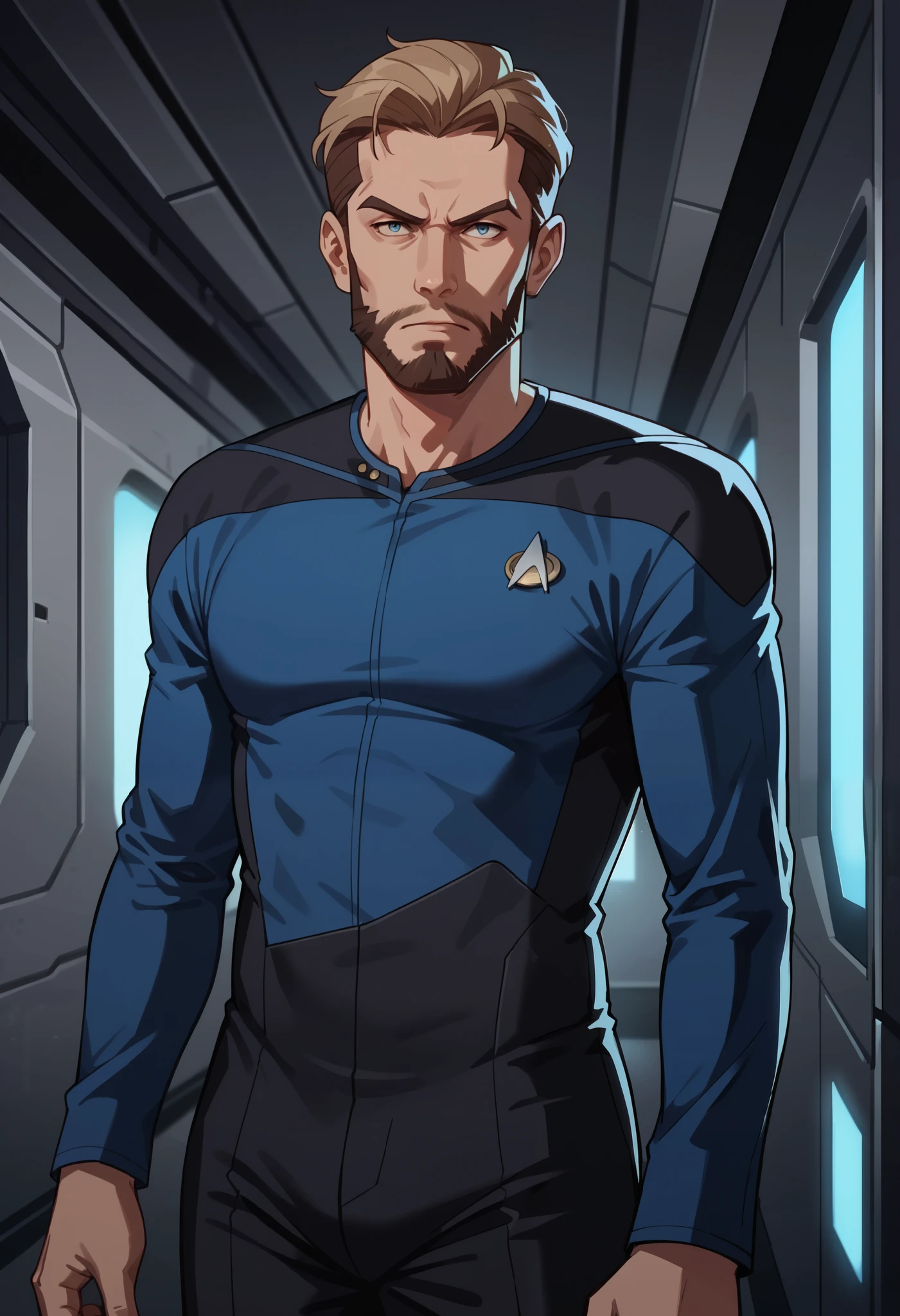 score_9, score_8_up, score_7_up, score_6_up,anime screencap, rating safe, 1MEN,LIGHT BROWN hair,MALE WITH BEARD,serious,solo, upper body,corridor,scifi,metal,spaceship,starship,futuristic,machinery,levers,screens, sttng1,star trek blue uniform,black shoulders,black pants,collarbone, full BODY, FIT AND MUSCULAR, BEARDED MEN, facing left
