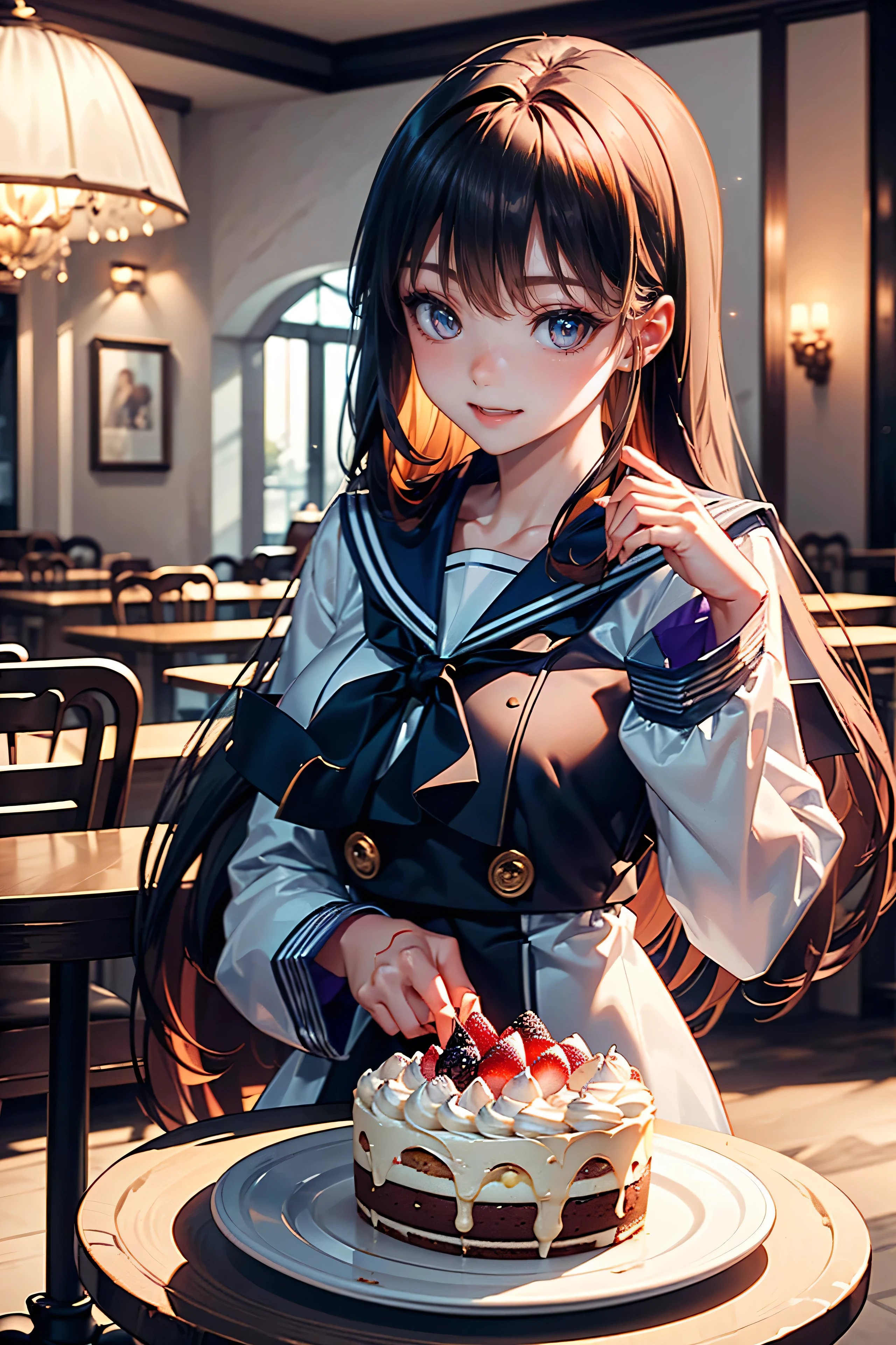 Highest quality, 8K, Highest quality, ((Crimson eyed high school girl)), ((Crimson Eyes)), ((Sparkling and delicate eyes)), ((Very accurate eyes)), (Platinum and purple long hair), Princess cut, ((Transparent and shining white skin)), Shiny skin, Very white skin, ((Very small breasts)), ((Wearing a dark blue long-sleeved sailor uniform and eating cake in a cutely decorated cafe/restaurant)), Eating cake, ((Eating cake with a hawk in one hand)), Beautiful fruit cake, The action of eating cake, ((Detailed depiction of the cake)), ((Anatomically accurate depiction)), ((Detailed depiction down to the fingertips)), Smile, Very beautiful, Beautiful cafe/restaurant,  Gentle light