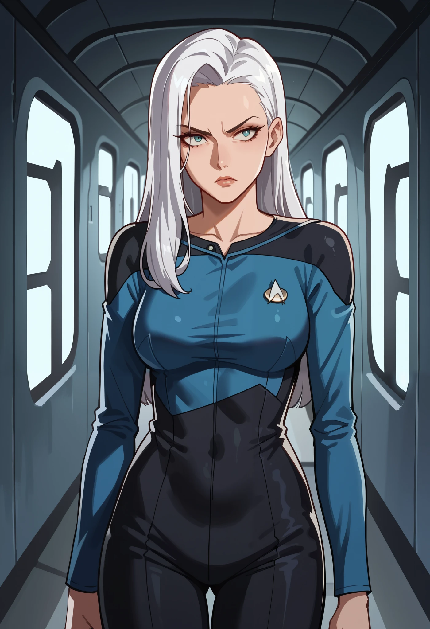 score_9, score_8_up, score_7_up, score_6_up,anime screencap, rating safe, 1girl,WHITE hair,mature,serious,solo, upper body,corridor,scifi,metal,spaceship,starship,futuristic,machinery,levers,screens, sttng1,star trek blue uniform,black shoulders,black pants,collarbone, full BODY, big waist, hourglass body, long hair , facing left