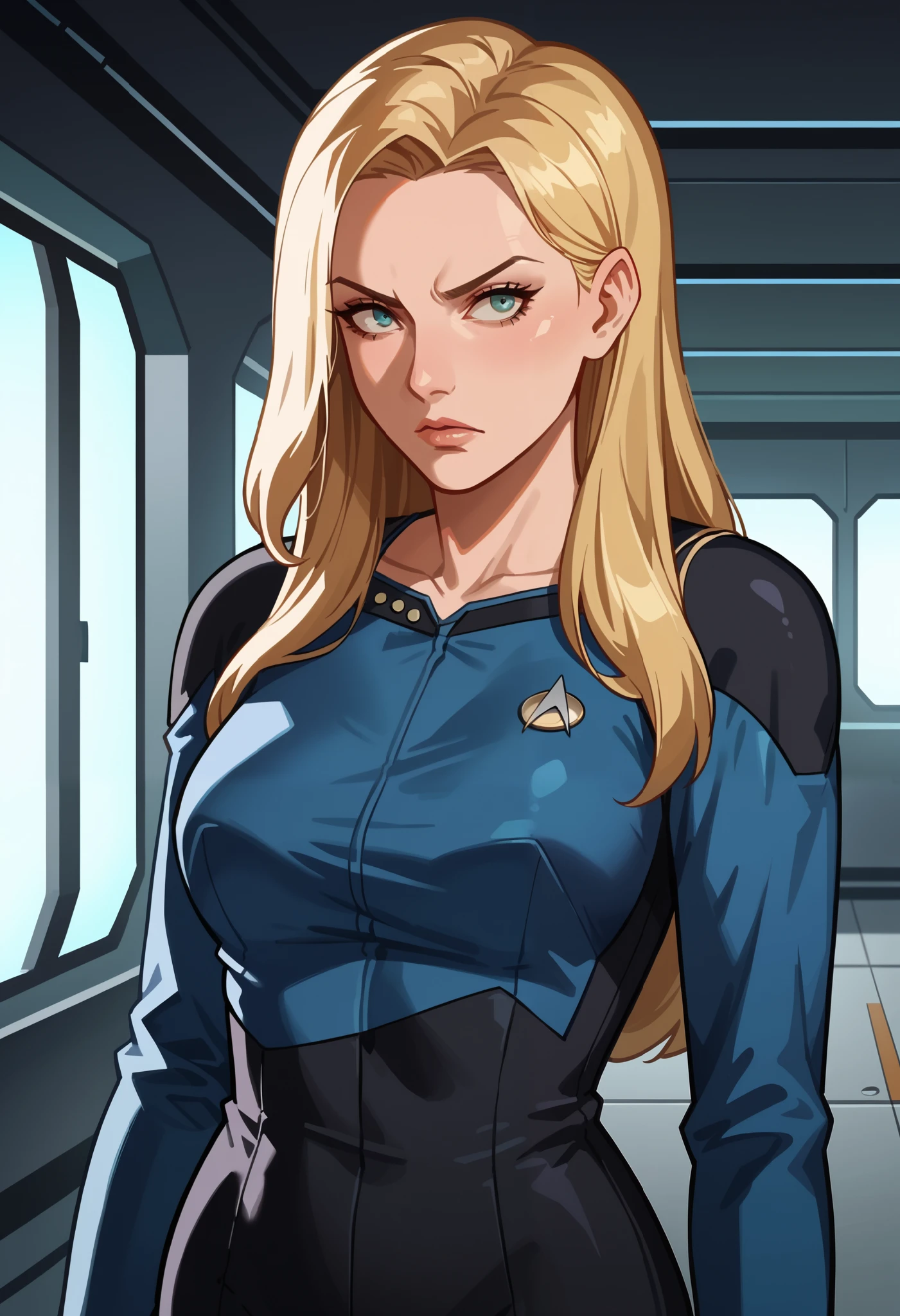 score_9, score_8_up, score_7_up, score_6_up,anime screencap, rating safe, 1girl,BLONDE hair,mature,serious,solo, upper body,corridor,scifi,metal,spaceship,starship,futuristic,machinery,levers,screens, sttng1,star trek blue uniform,black shoulders,black pants,collarbone, full BODY, big waist, hourglass body, long hair , facing left
