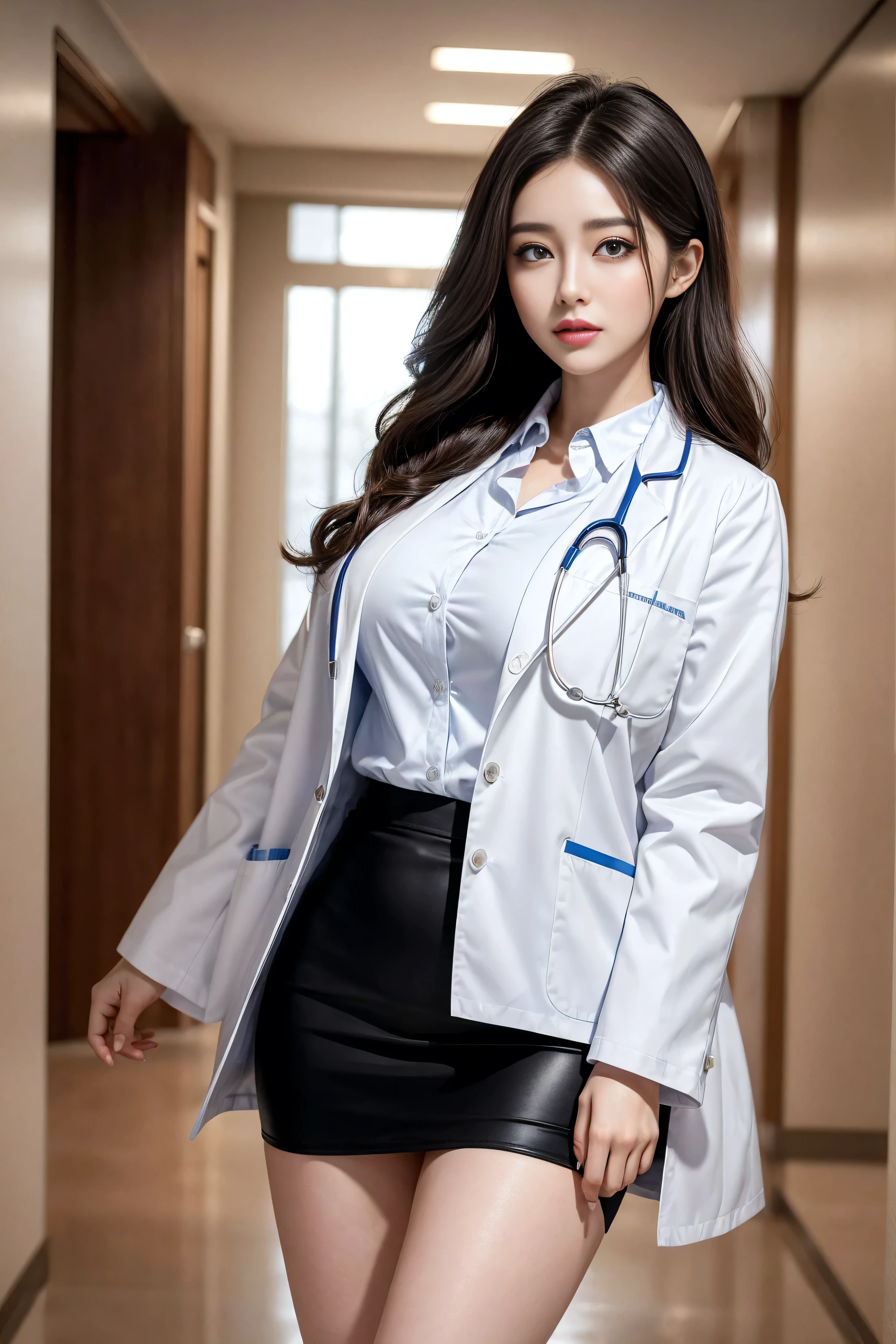 Realistic beautiful doctor、Stunning beauty、Doctor's white coat, Collared shirt、(Top quality、8K、32K、masterpiece、nffsw:1.3)、Ultra-high resolution,(Photorealistic:1.4),Original Photography, Delicate face,,Dark Brown Curly Hair, ((Doctor style)), , Black tight skirt、 Natural Makeup,, Full breasts、Inside the hospital, Detailed background, Perfect lighting, Depth of Field, Beautiful shadow gradient,Stethoscope ,